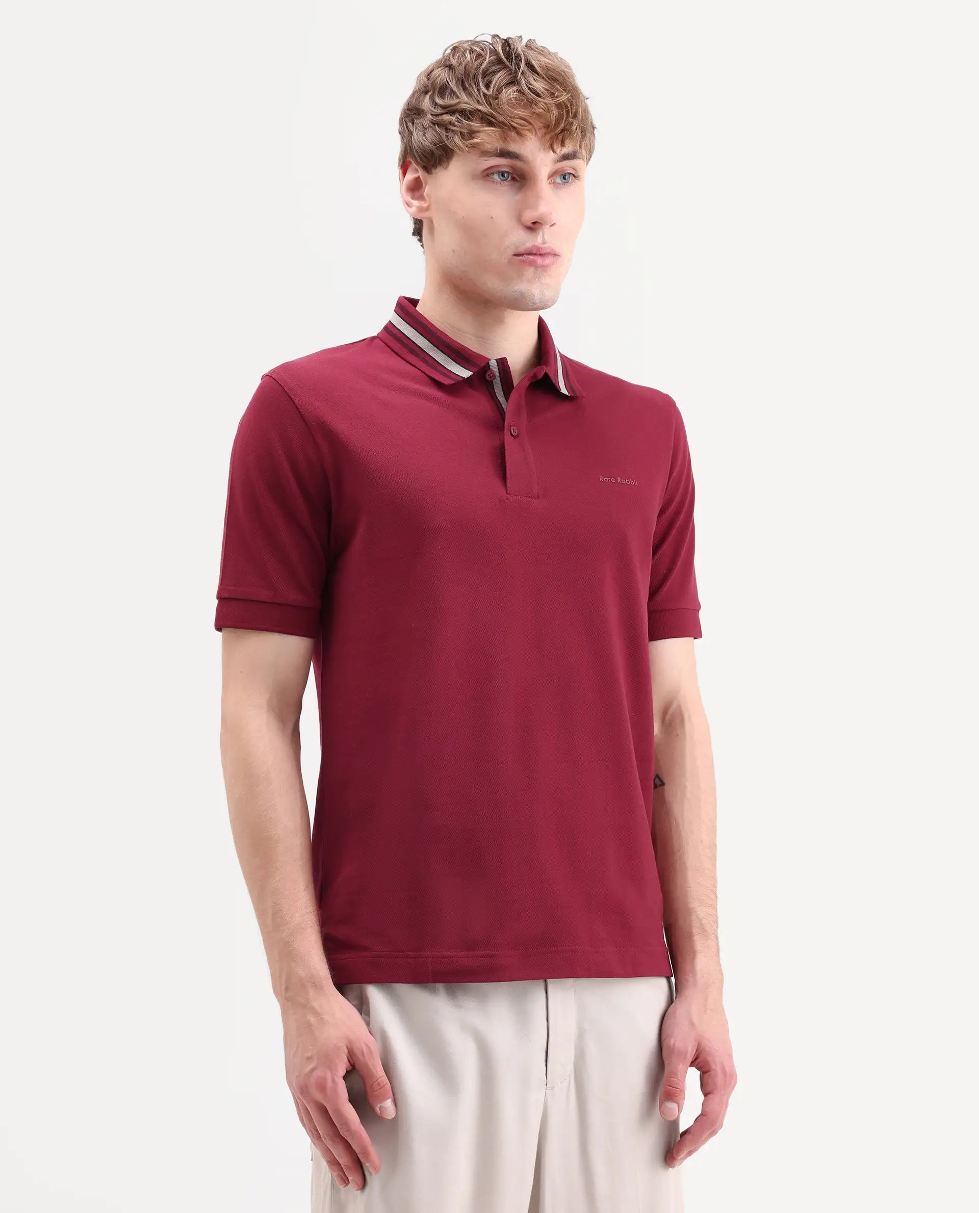 Rare Rabbit Men's Peri Red Cotton Blend Fabric Half Sleeve Spread Collar Regular Fit Plain Polo