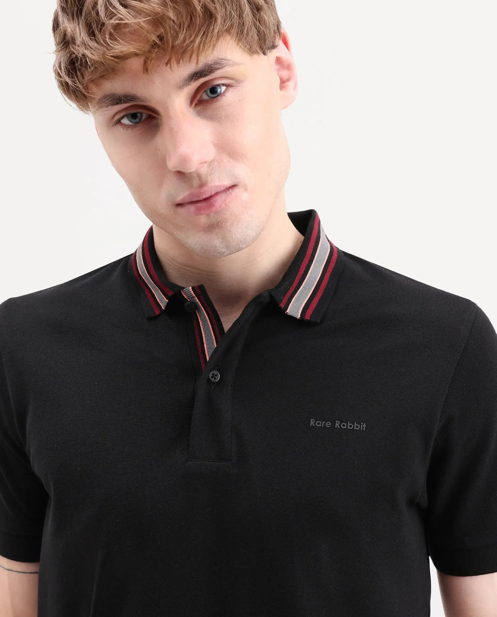 Rare Rabbit Men's Peri Black Cotton Blend Fabric Half Sleeve Spread Collar Regular Fit Plain Polo