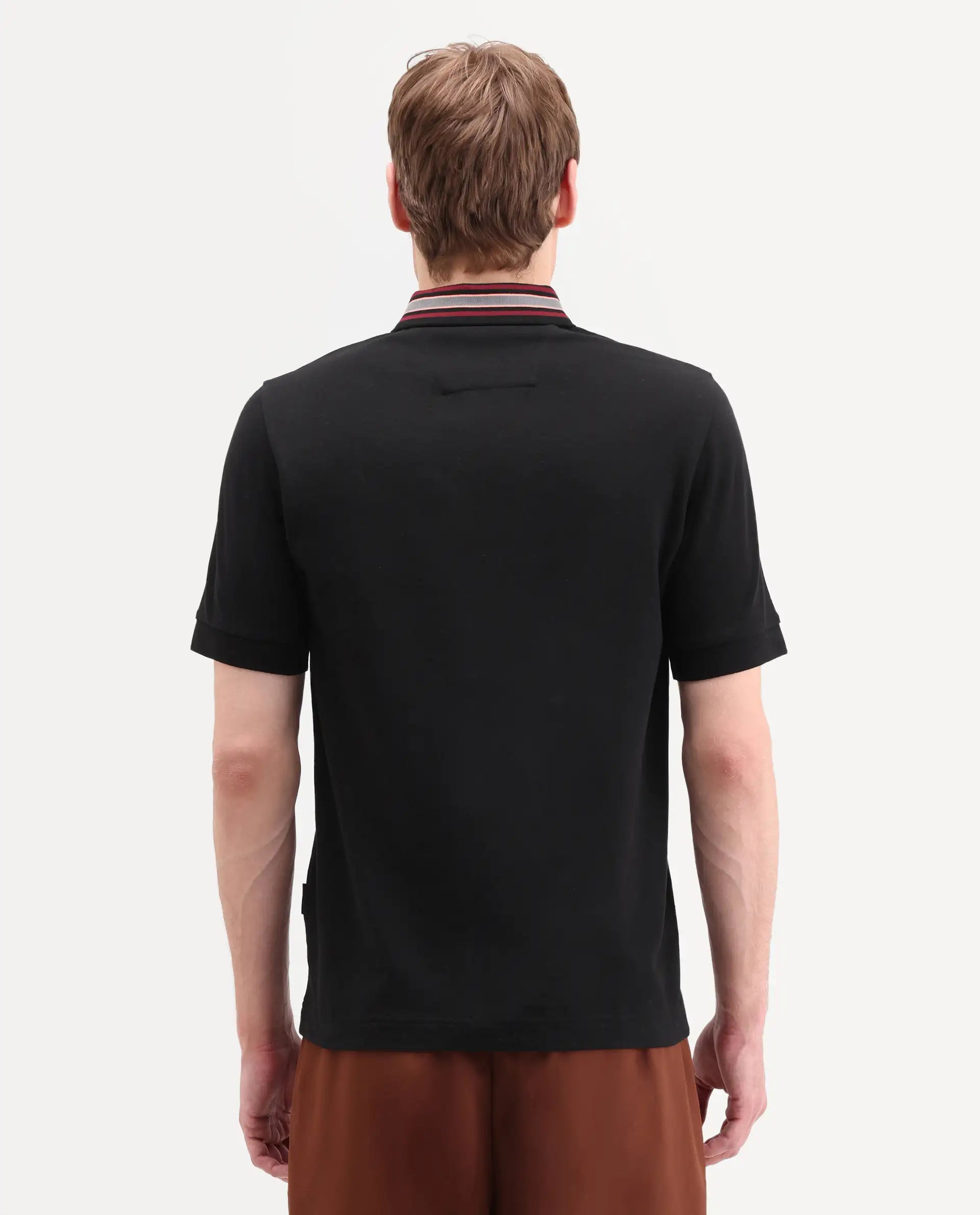 Rare Rabbit Men's Peri Black Cotton Blend Fabric Half Sleeve Spread Collar Regular Fit Plain Polo