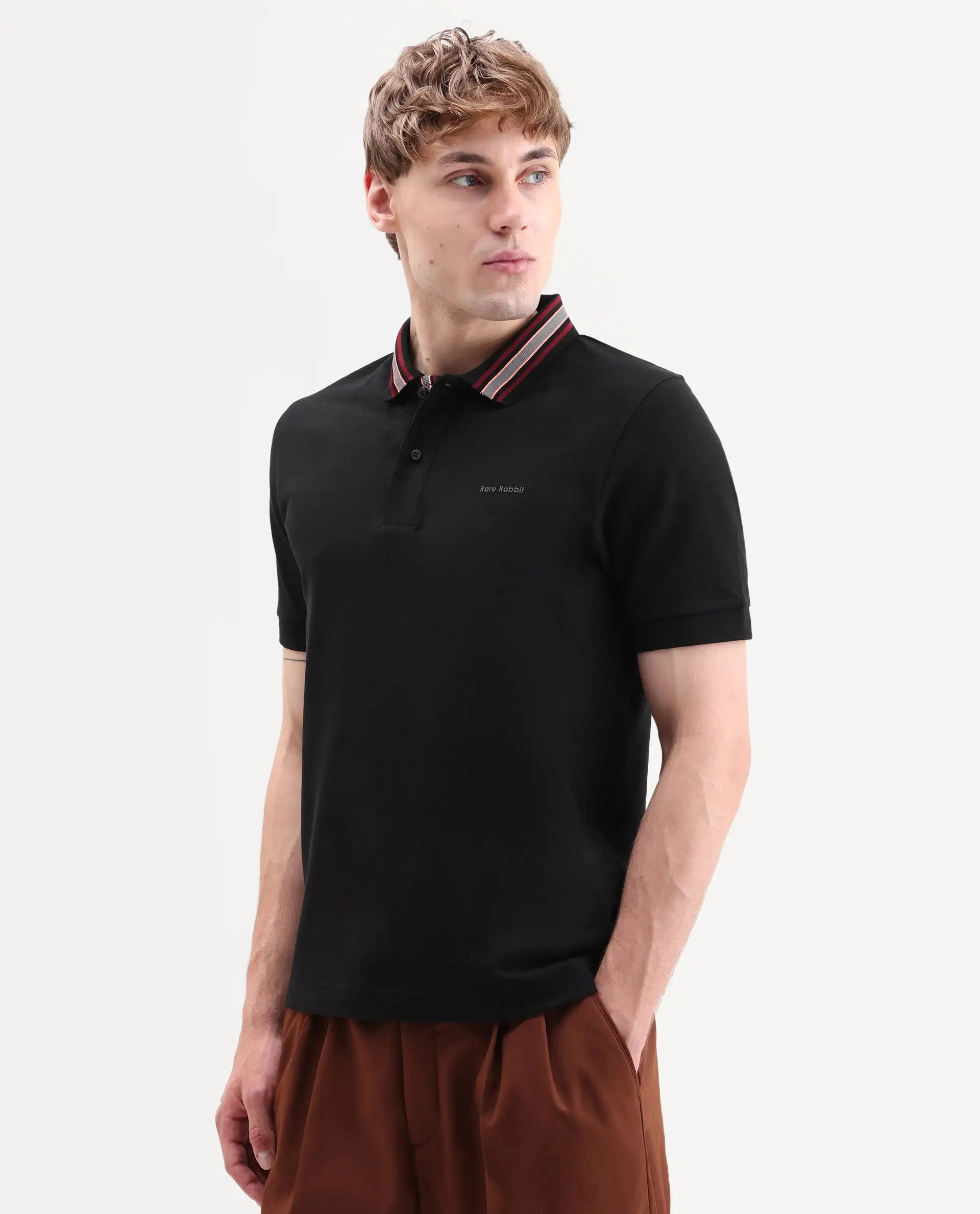Rare Rabbit Men's Peri Black Cotton Blend Fabric Half Sleeve Spread Collar Regular Fit Plain Polo