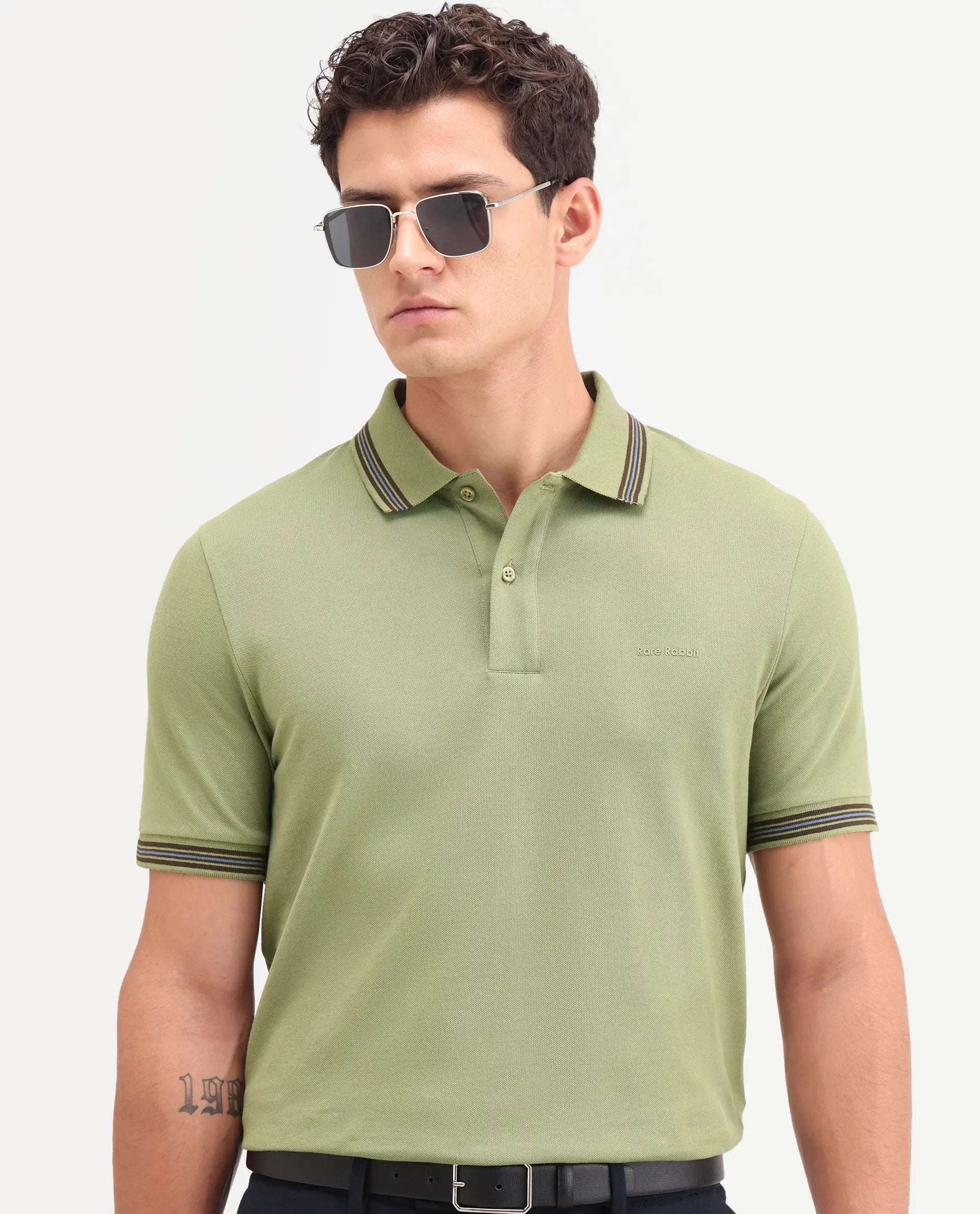 Rare Rabbit Men's Zena Sage Cotton Blend Fabric Half Sleeve Spread Collar Regular Fit Plain Polo