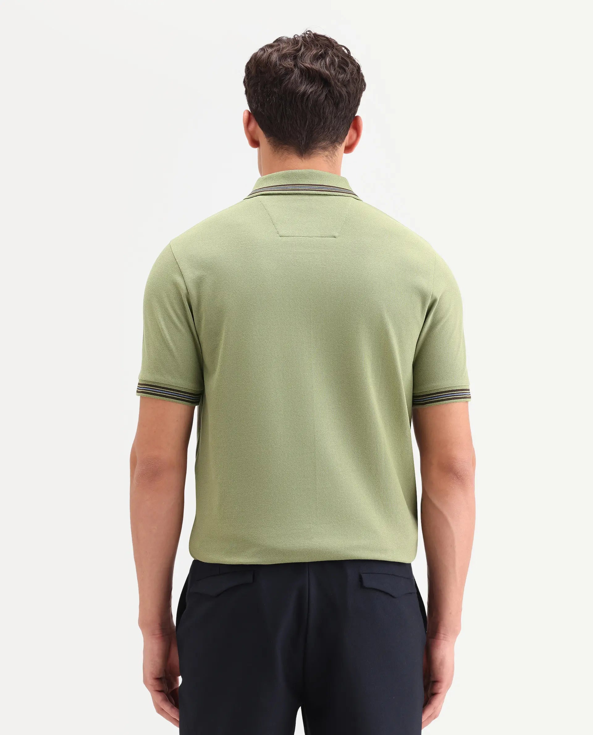 Rare Rabbit Men's Zena Sage Cotton Blend Fabric Half Sleeve Spread Collar Regular Fit Plain Polo