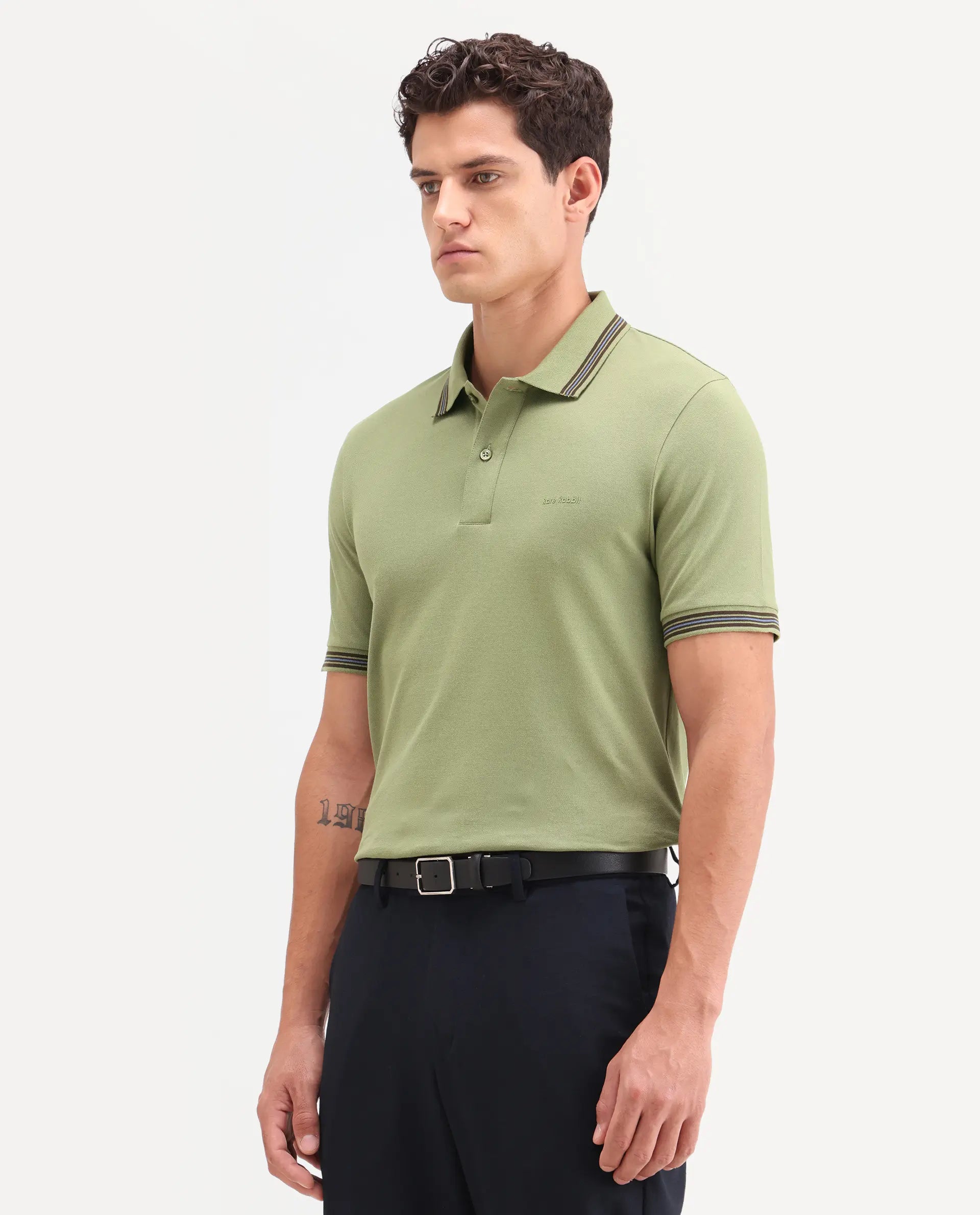 Rare Rabbit Men's Zena Sage Cotton Blend Fabric Half Sleeve Spread Collar Regular Fit Plain Polo