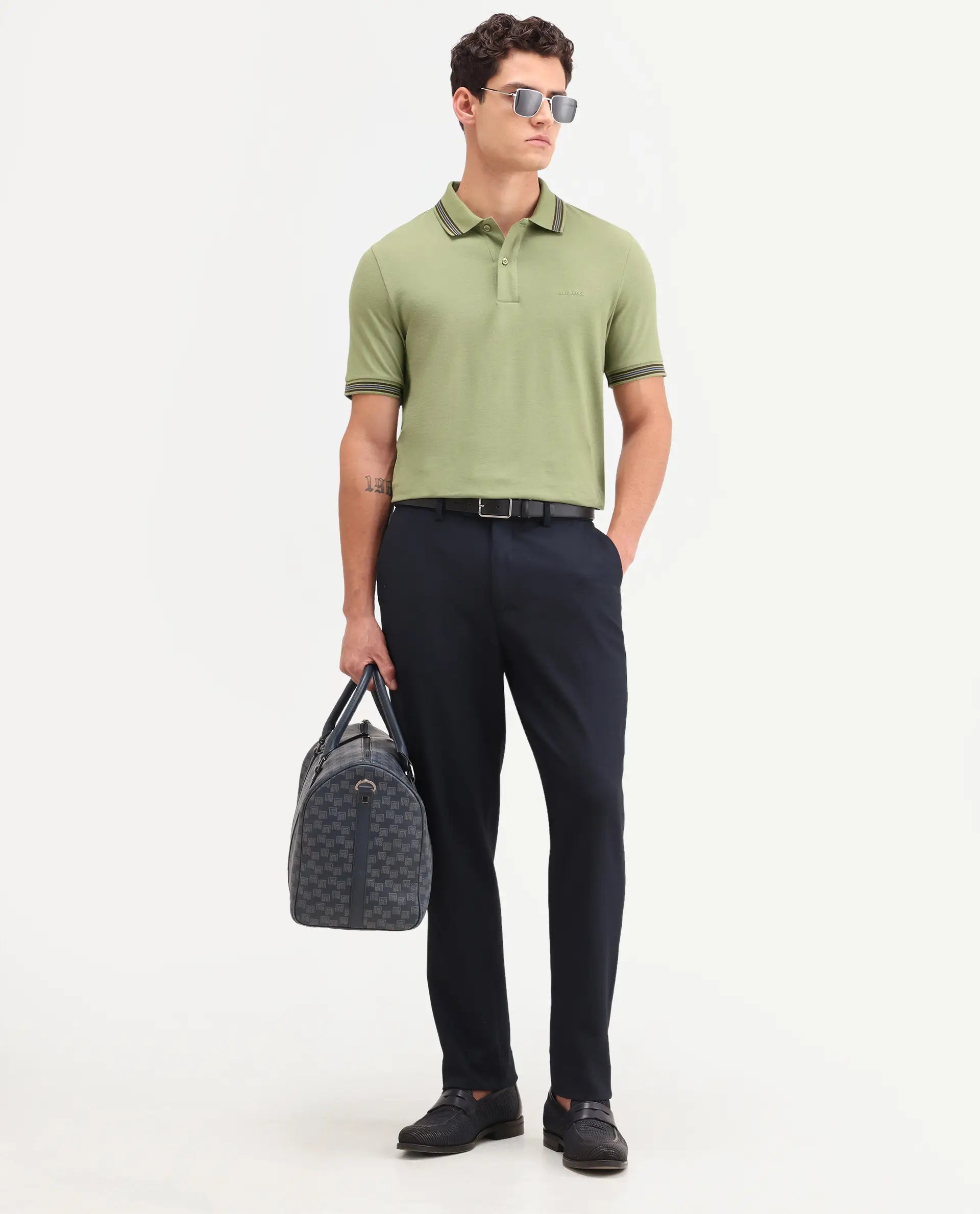 Rare Rabbit Men's Zena Sage Cotton Blend Fabric Half Sleeve Spread Collar Regular Fit Plain Polo