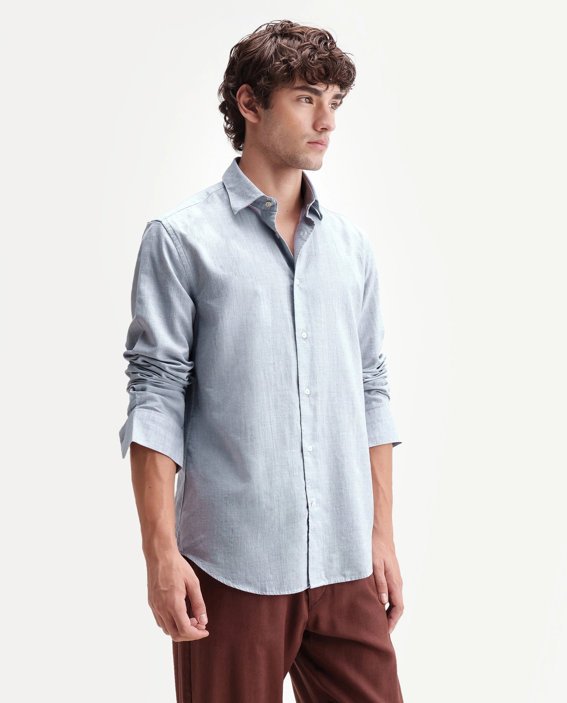 Rare Rabbit Men's Bonc Dusky Purple Linen Blend Fabric Full Sleeve Spread Collar Button Regular Plain Shirt
