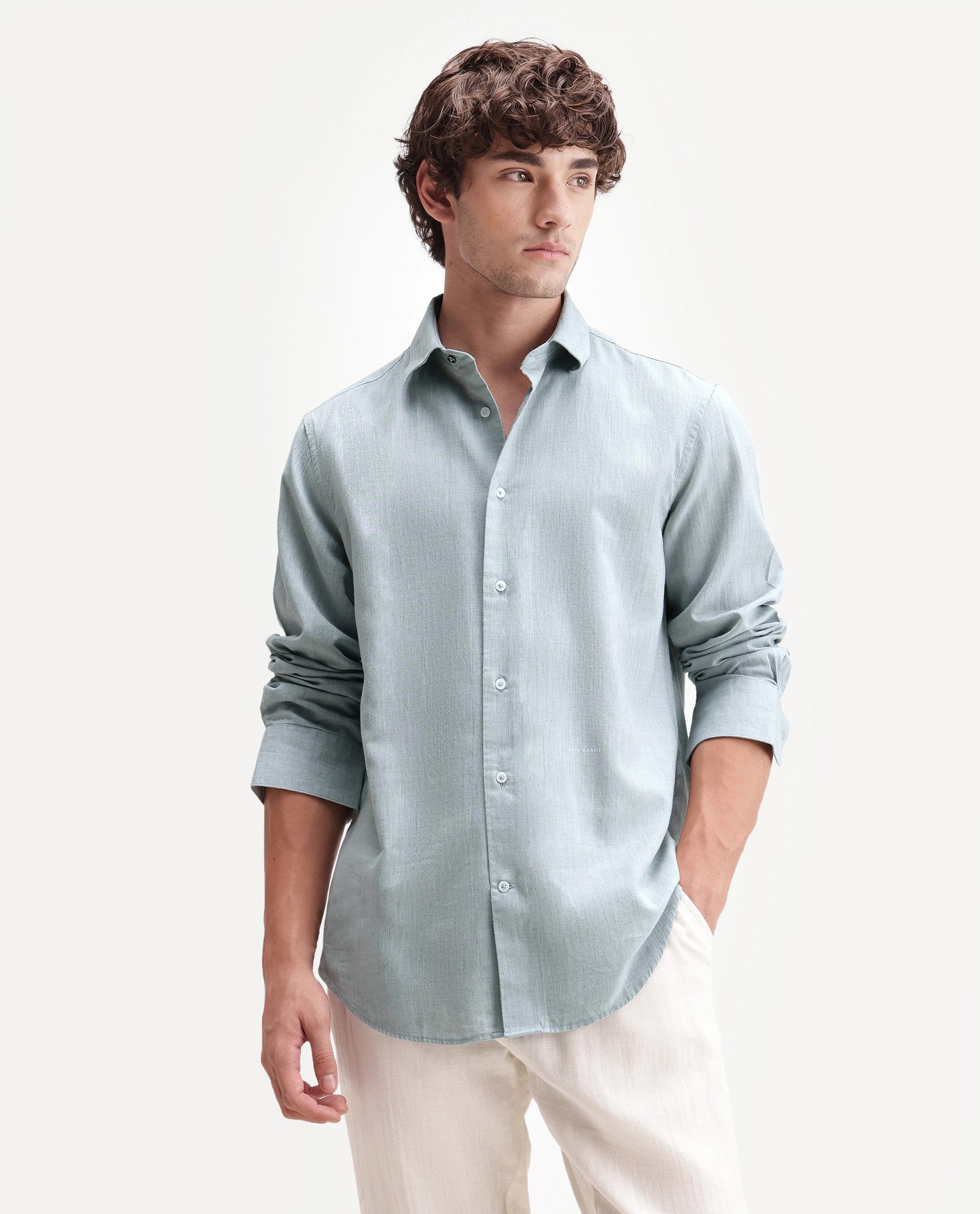 Rare Rabbit Men's Bonc Dusky Blue Linen Blend Fabric Full Sleeve Spread Collar Button Regular Plain Shirt