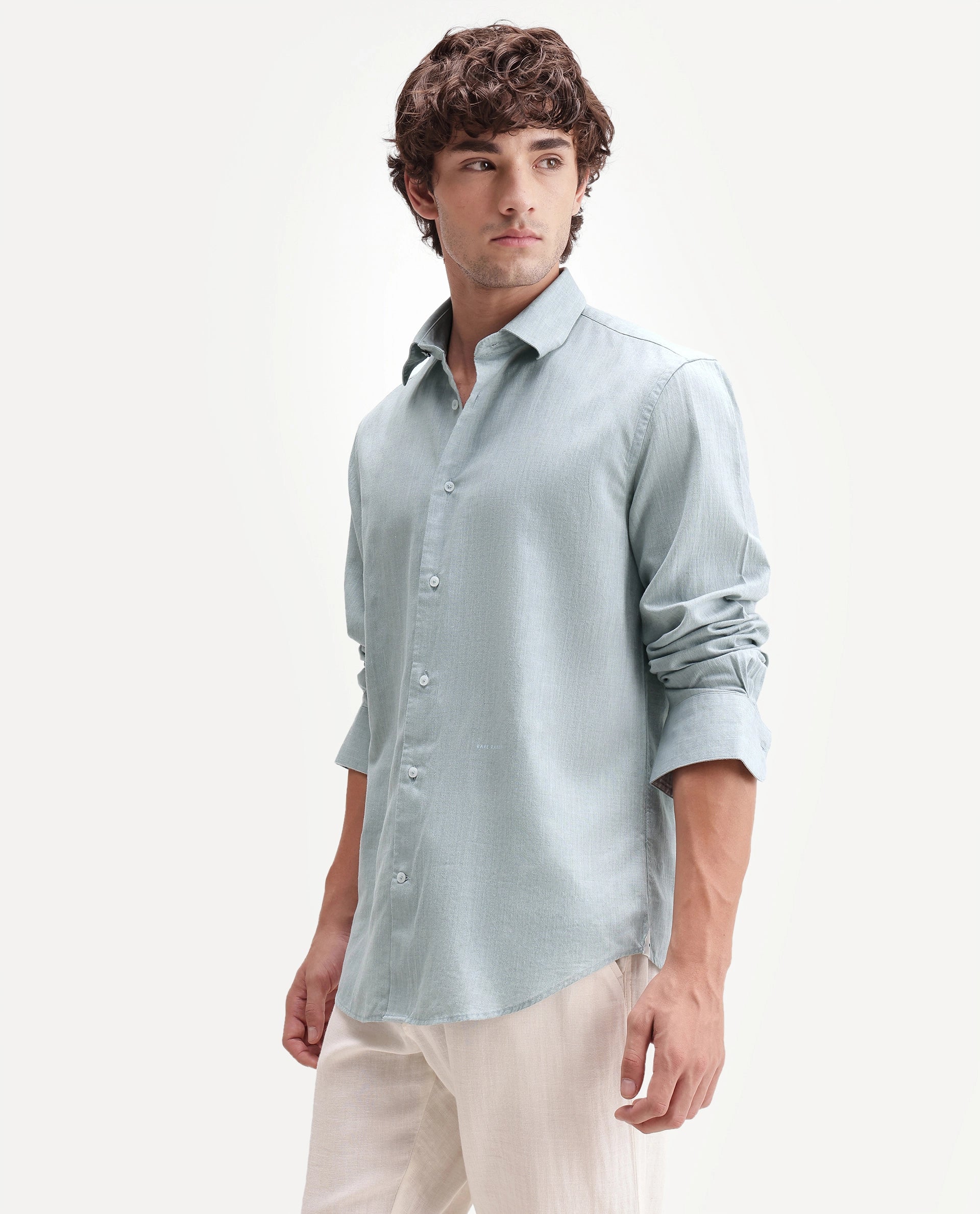 Rare Rabbit Men's Bonc Dusky Blue Linen Blend Fabric Full Sleeve Spread Collar Button Regular Plain Shirt