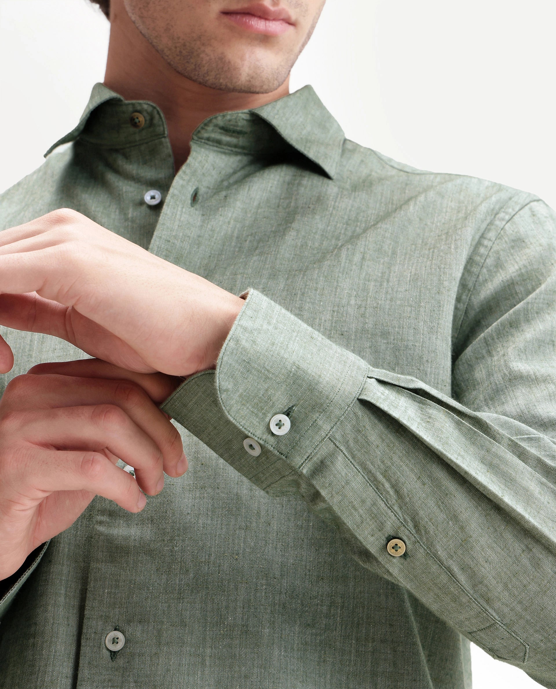 Rare Rabbit Men's Bonc Dusky Green Linen Blend Fabric Full Sleeve Spread Collar Button Regular Plain Shirt