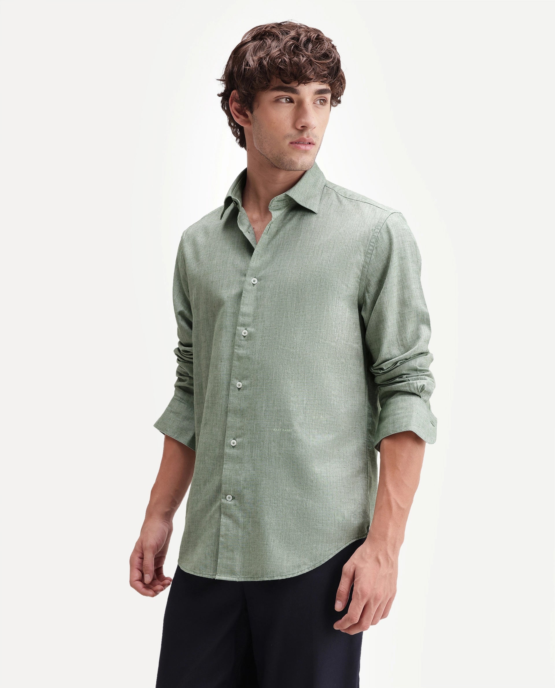 Rare Rabbit Men's Bonc Dusky Green Linen Blend Fabric Full Sleeve Spread Collar Button Regular Plain Shirt