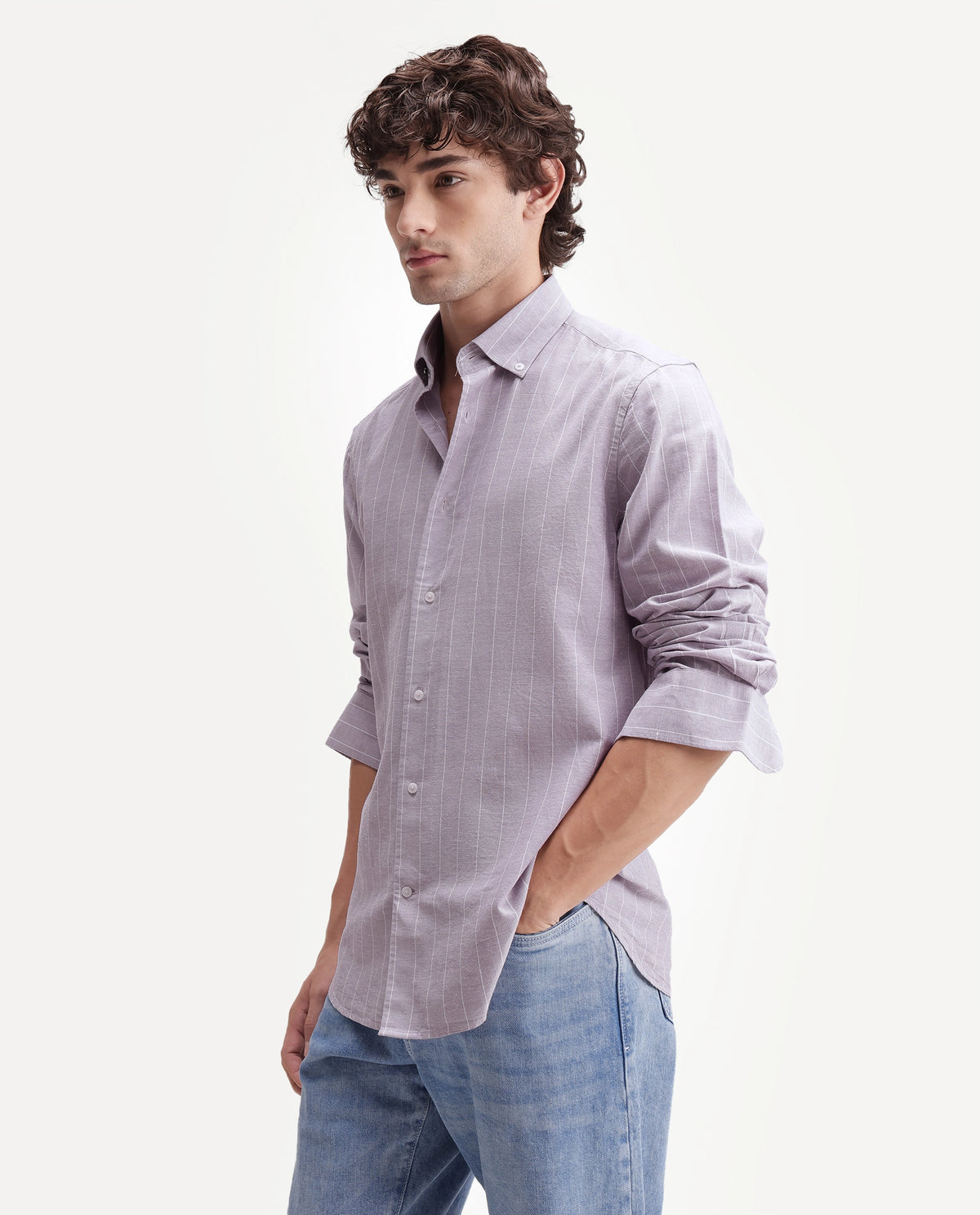 Rare Rabbit Men's Dalti Dusky Purple Linen Blend Fabric Full Sleeve Spread Collar Button Regular Fit Striped Shirt