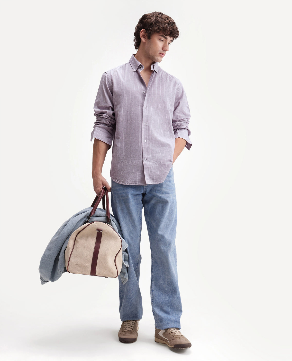 Rare Rabbit Men's Dalti Dusky Purple Linen Blend Fabric Full Sleeve Spread Collar Button Regular Fit Striped Shirt