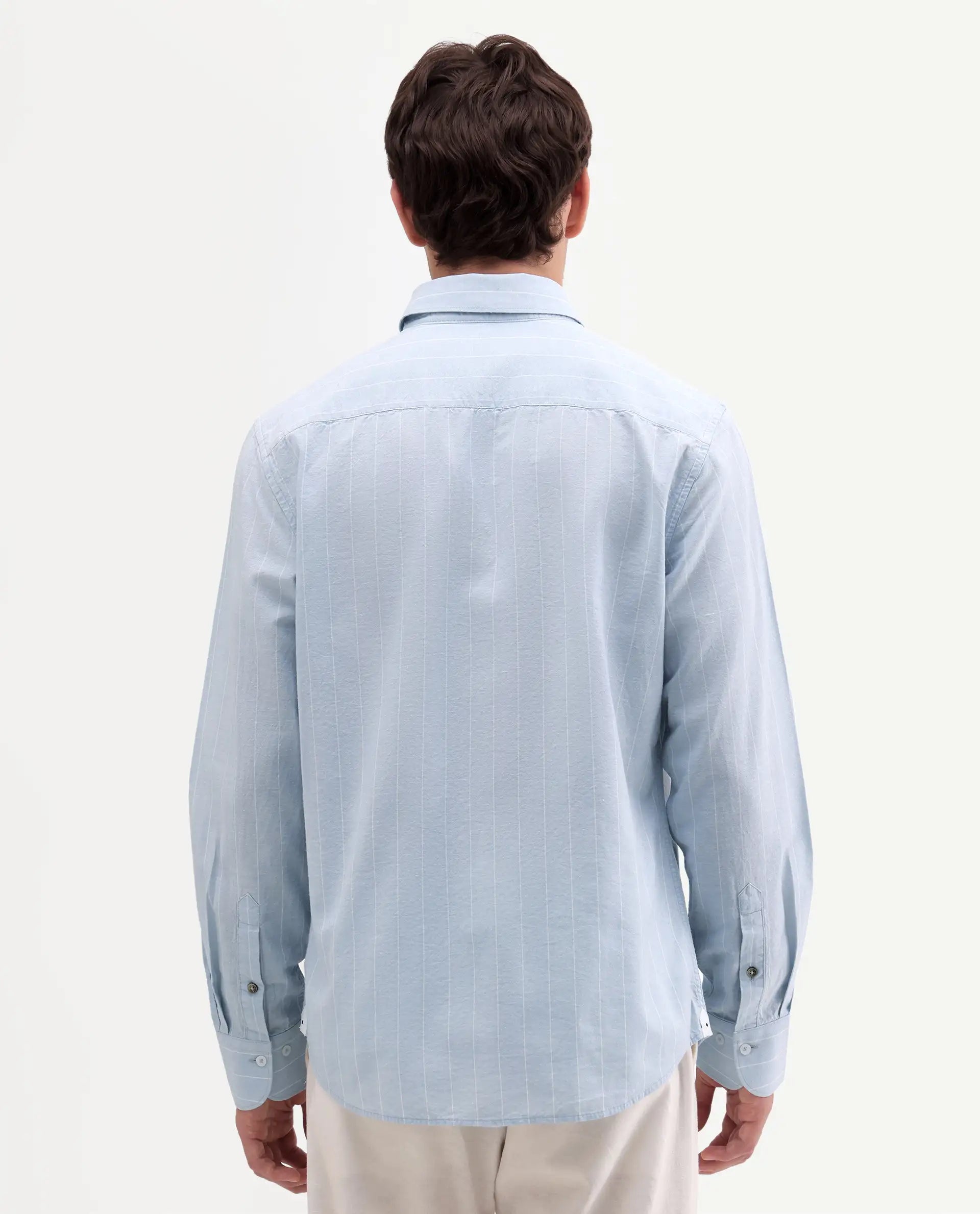 Rare Rabbit Men's Dalti Light Blue Linen Blend Fabric Full Sleeve Spread Collar Button Regular Fit Striped Shirt