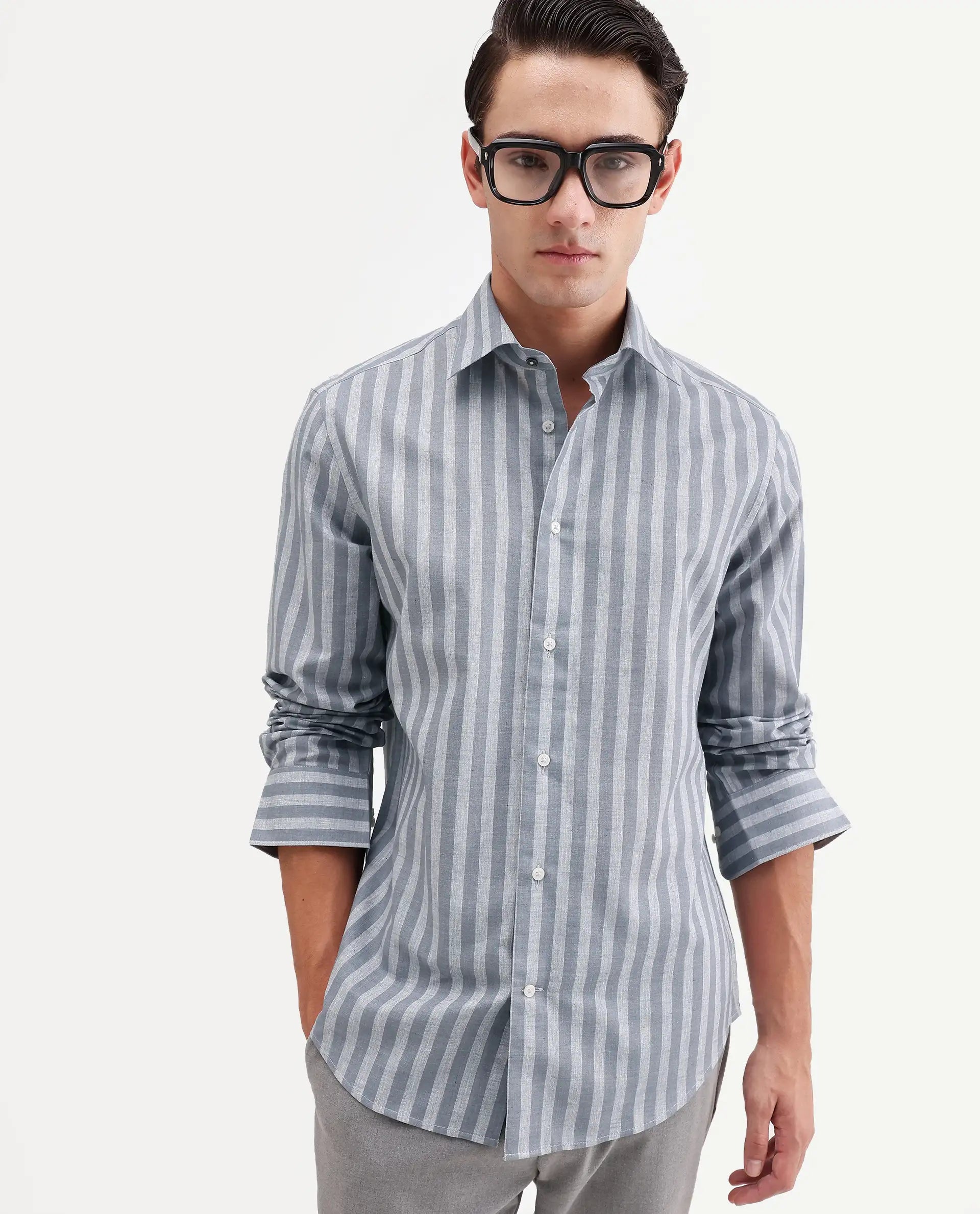Rare Rabbit Men's Mink Dark Grey 100% Linen Fabric Full Sleeve Spread Collar Button Regular Fit Striped Shirt
