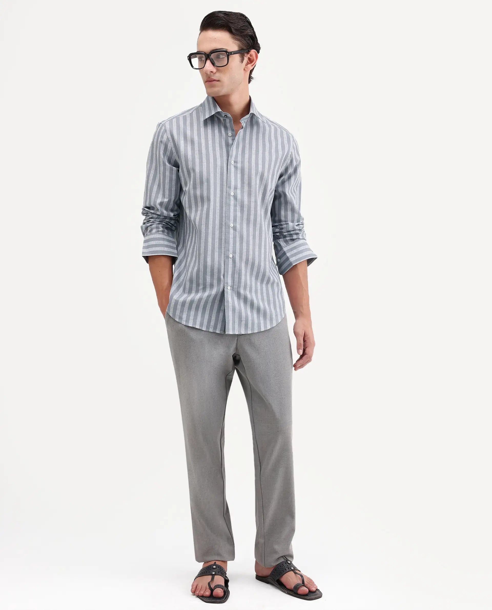 Rare Rabbit Men's Mink Dark Grey 100% Linen Fabric Full Sleeve Spread Collar Button Regular Fit Striped Shirt
