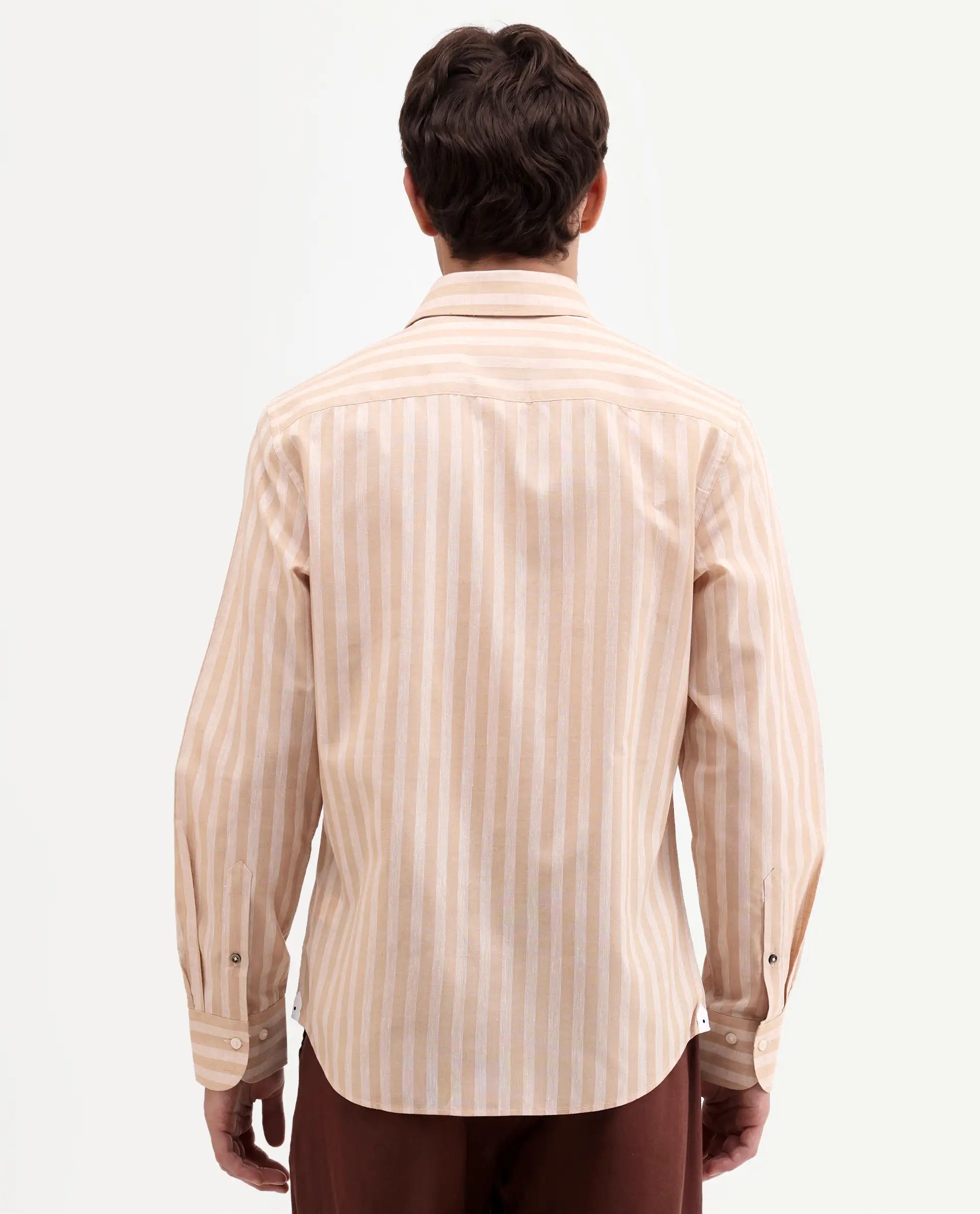 Rare Rabbit Men's Mink Beige 100% Linen Fabric Full Sleeve Spread Collar Button Regular Fit Striped Shirt