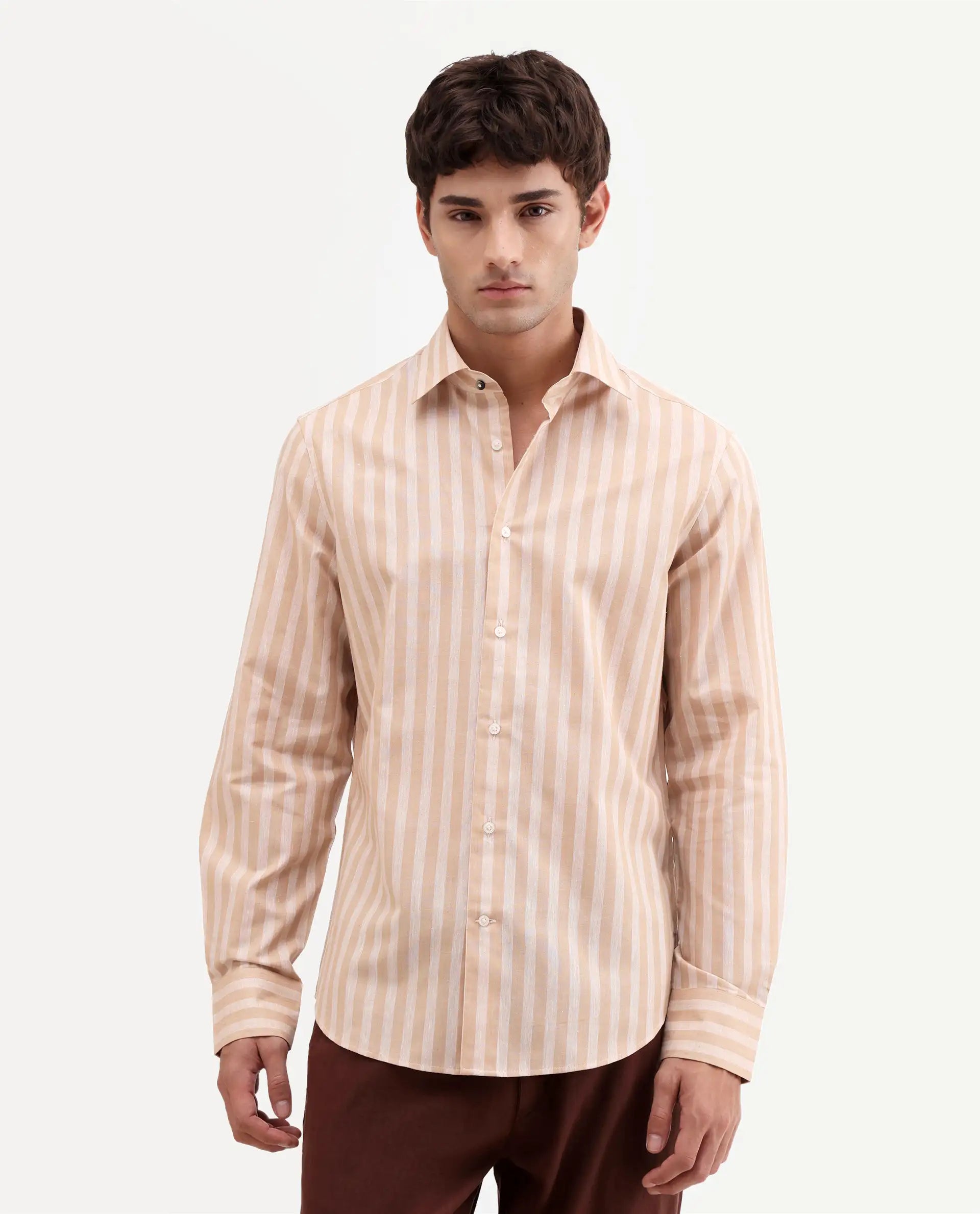 Rare Rabbit Men's Mink Beige 100% Linen Fabric Full Sleeve Spread Collar Button Regular Fit Striped Shirt