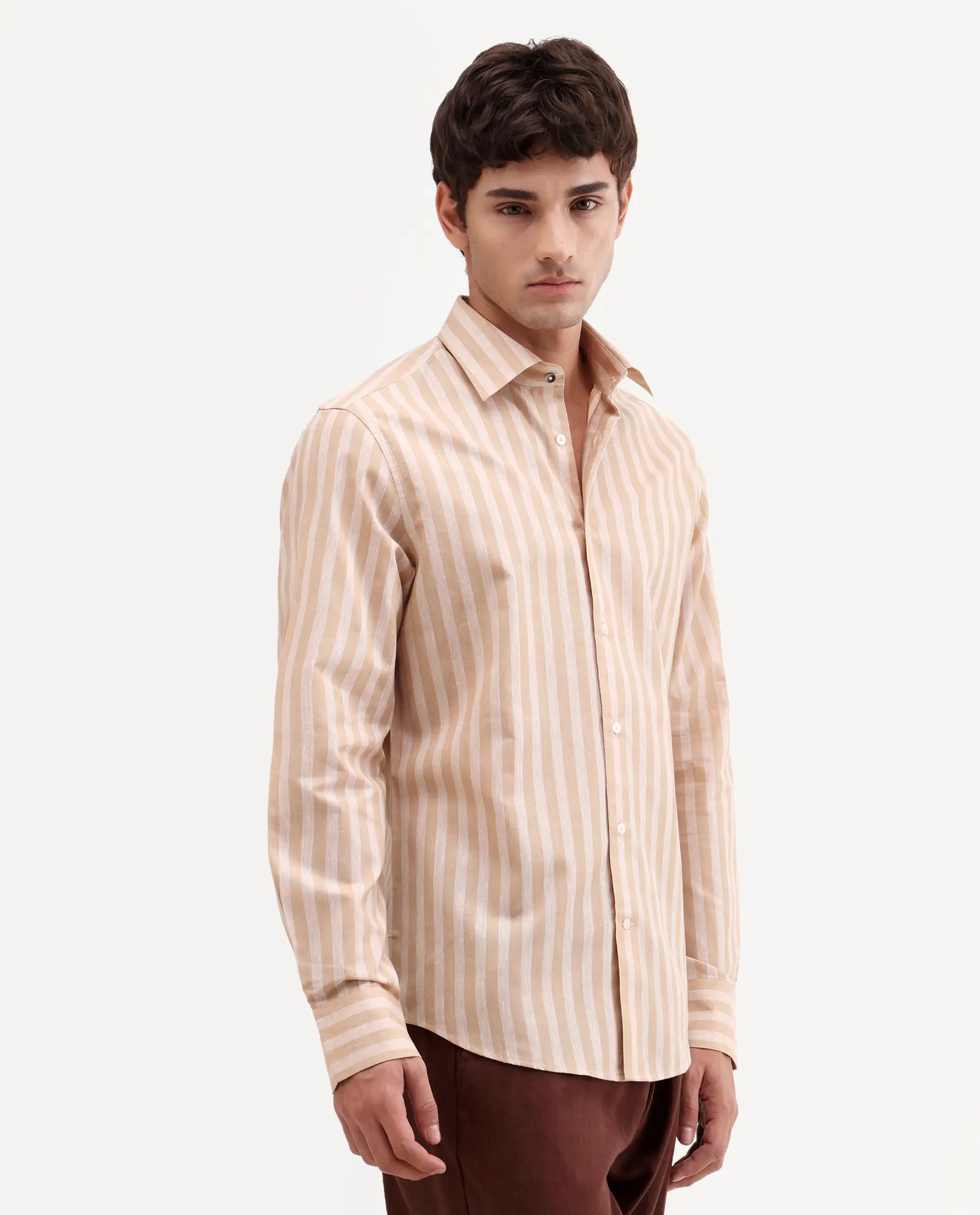 Rare Rabbit Men's Mink Beige 100% Linen Fabric Full Sleeve Spread Collar Button Regular Fit Striped Shirt