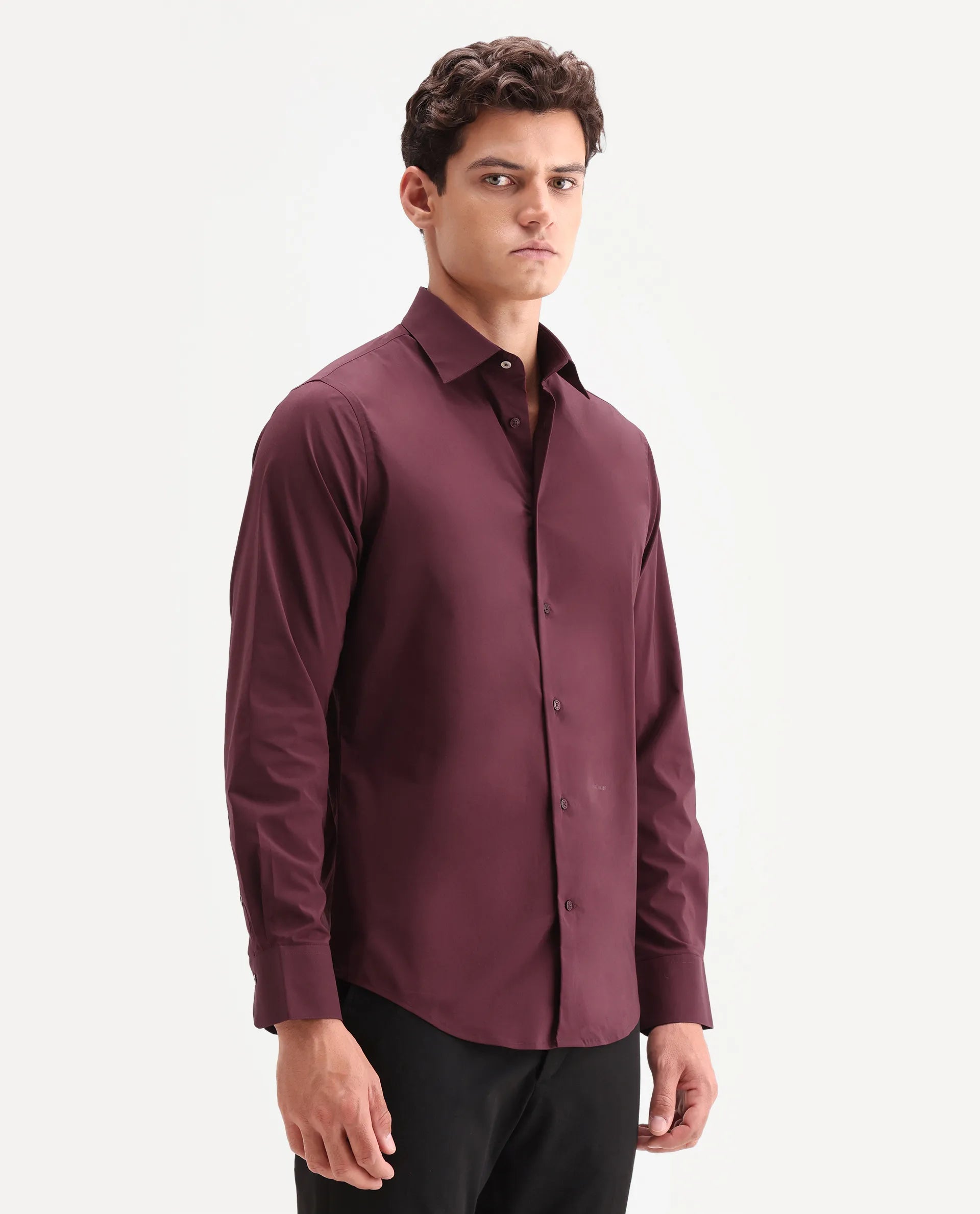 Rare Rabbit Men's Zidan Dark Maroon Cotton Blend Fabric Full Sleeve Spread Collar Button Regular Plain Shirt