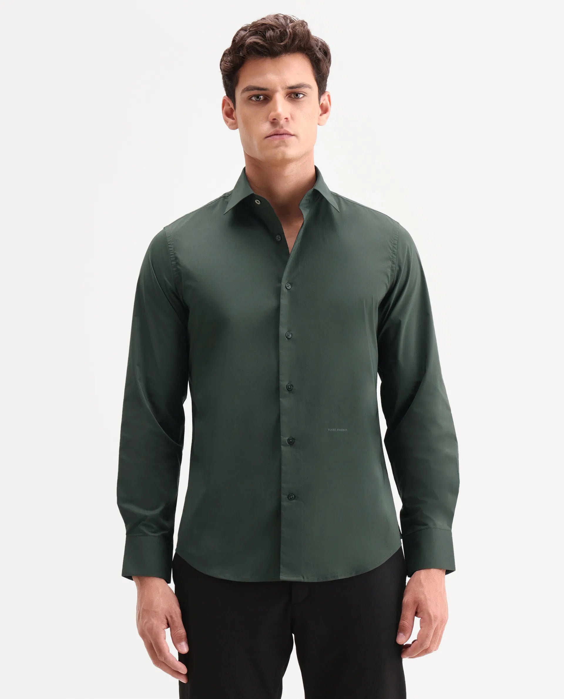 Rare Rabbit Men's Zidan Dark Green Cotton Blend Fabric Full Sleeve Spread Collar Button Regular Plain Shirt