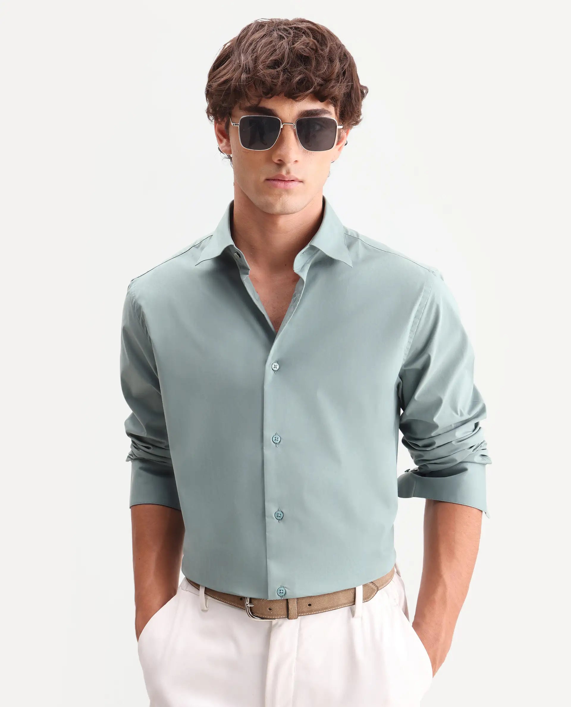Rare Rabbit Men's Zidan Dusky Teal Cotton Blend Fabric Full Sleeve Spread Collar Button Regular Plain Shirt