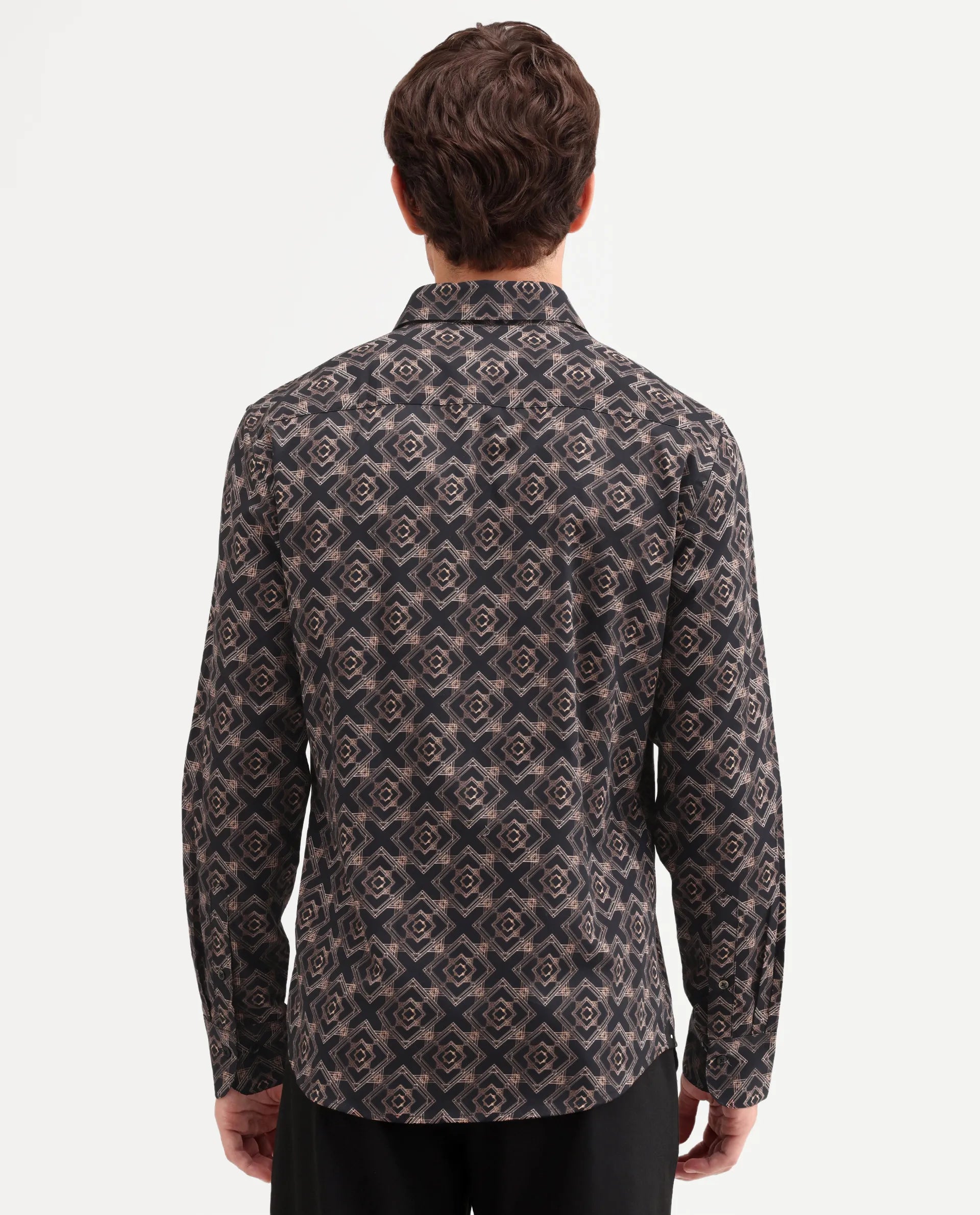 Rare Rabbit Men's Lacy Black Cotton Fabric Full Sleeve Spread Collar Button Regular Fit Geometric Print Shirt