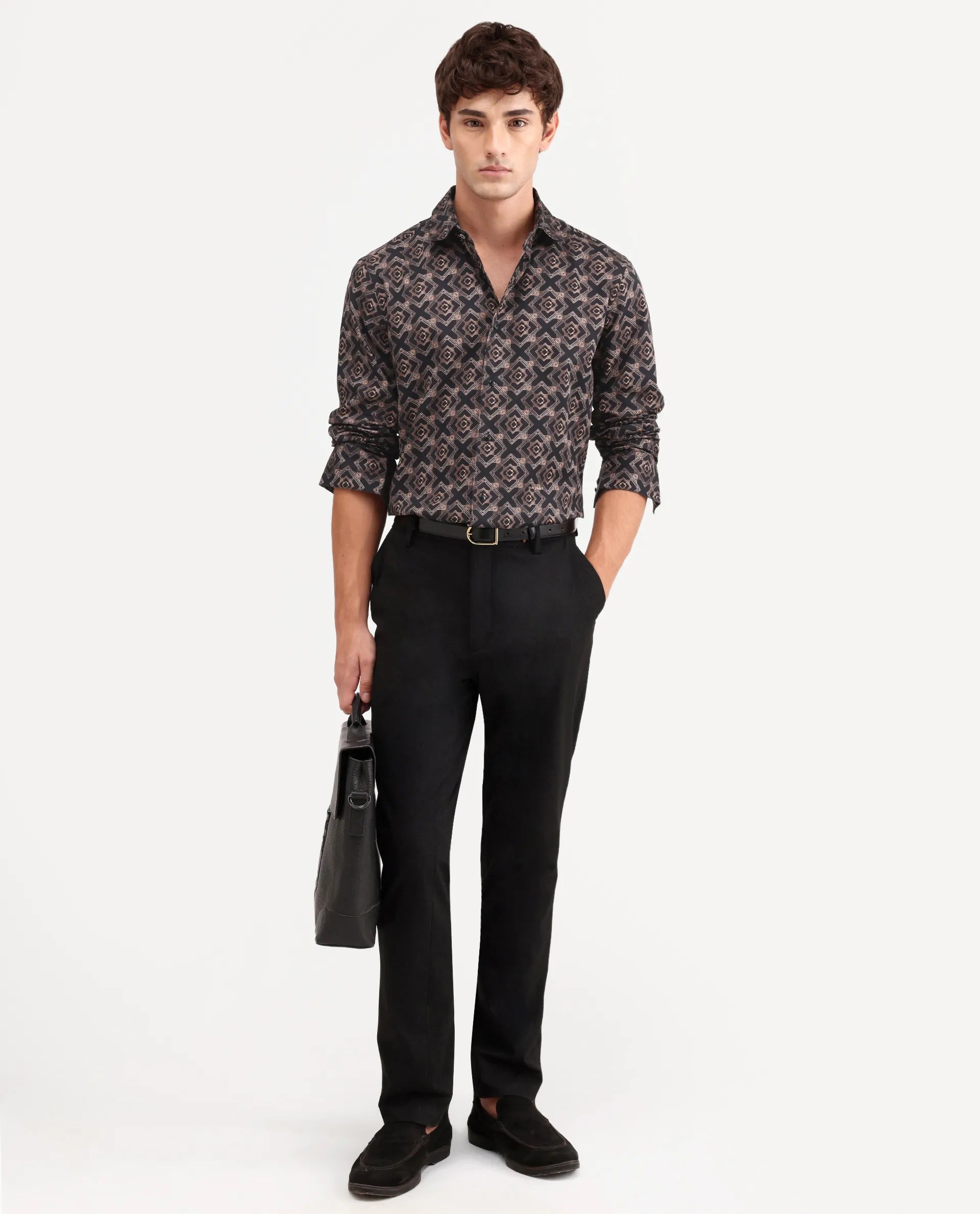 Rare Rabbit Men's Lacy Black Cotton Fabric Full Sleeve Spread Collar Button Regular Fit Geometric Print Shirt