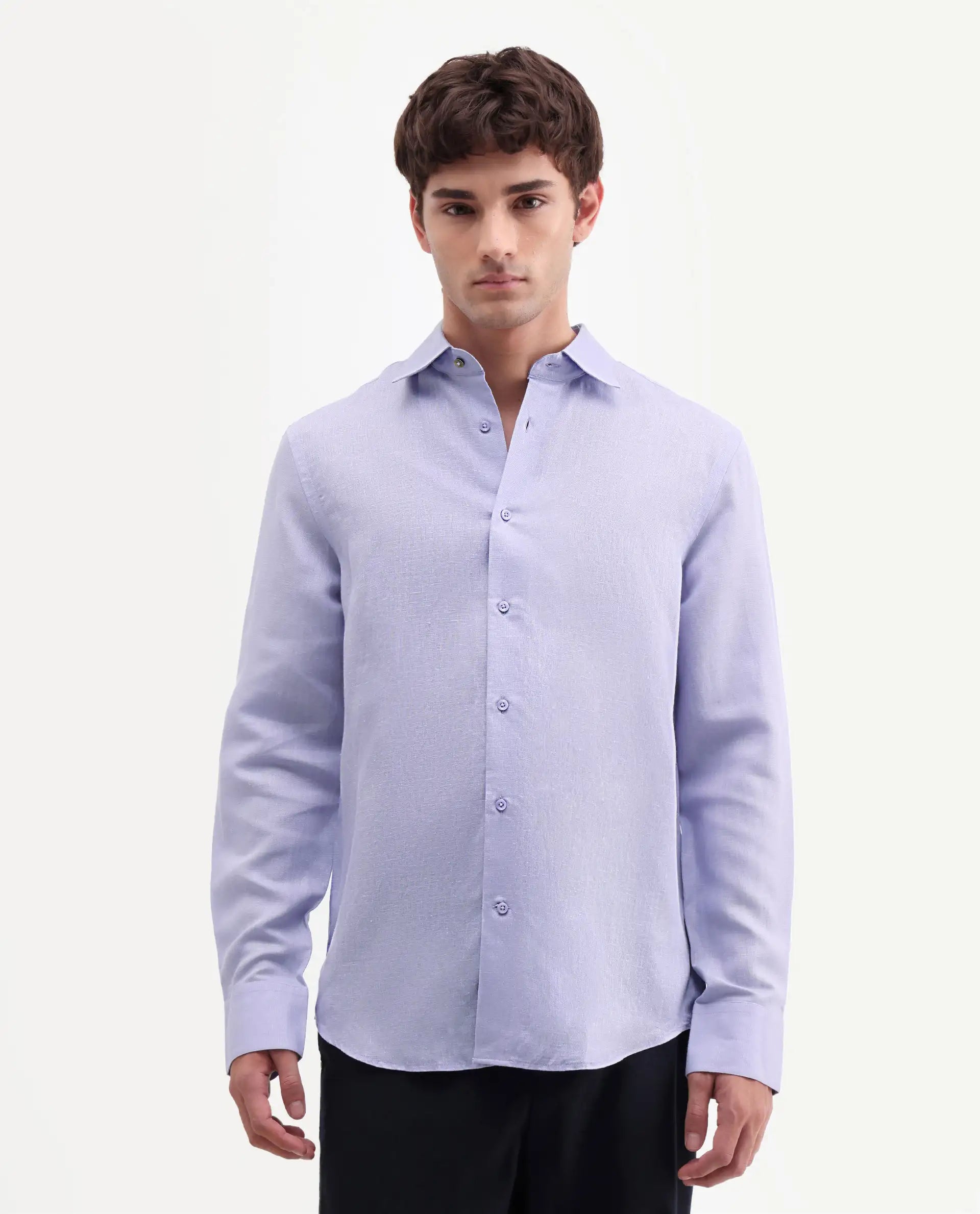 Rare Rabbit Men's Aeri-Fs Light Purple Linen Blend Fabric Full Sleeve Spread Collar Button Regular Plain Shirt
