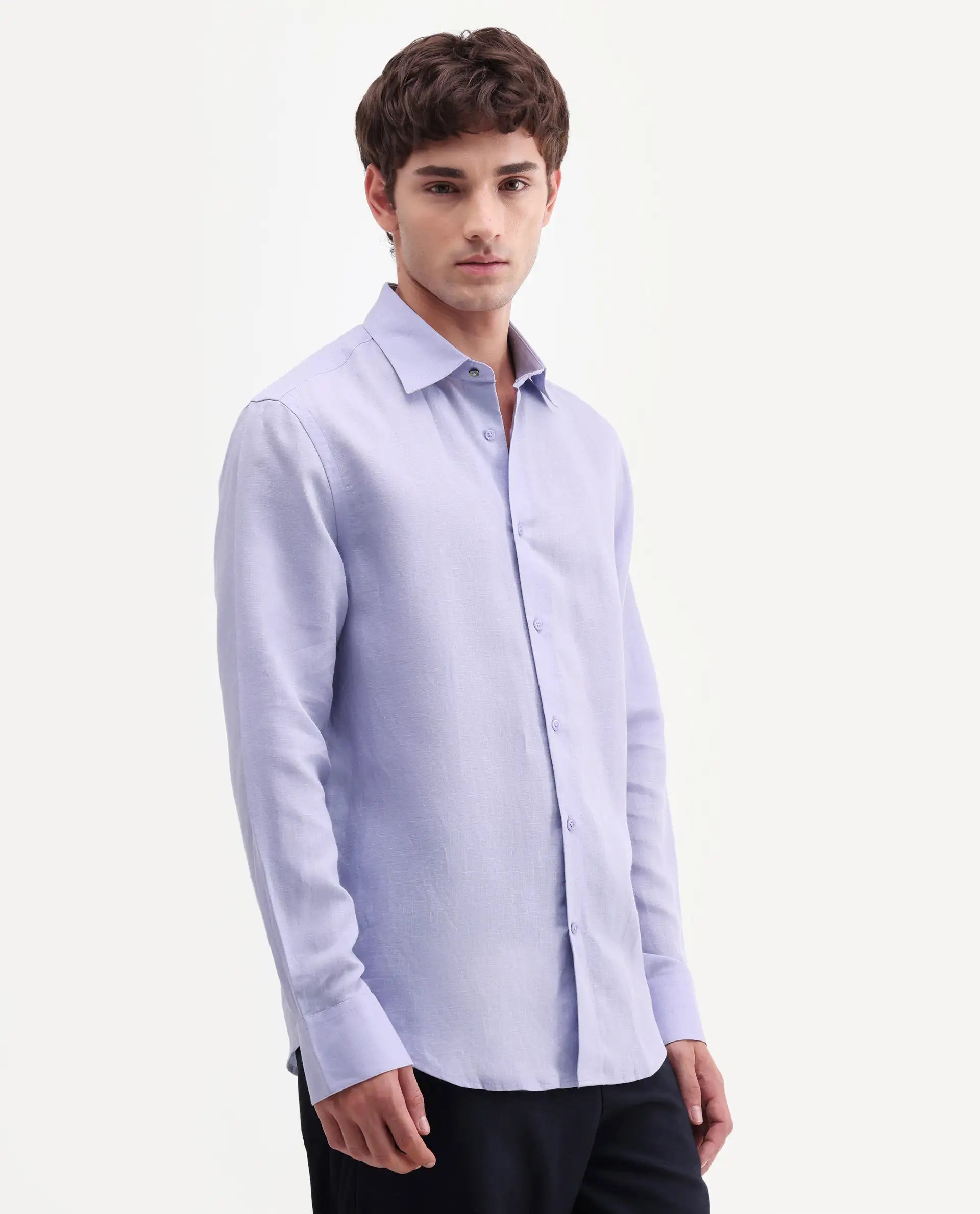 Rare Rabbit Men's Aeri-Fs Light Purple Linen Blend Fabric Full Sleeve Spread Collar Button Regular Plain Shirt