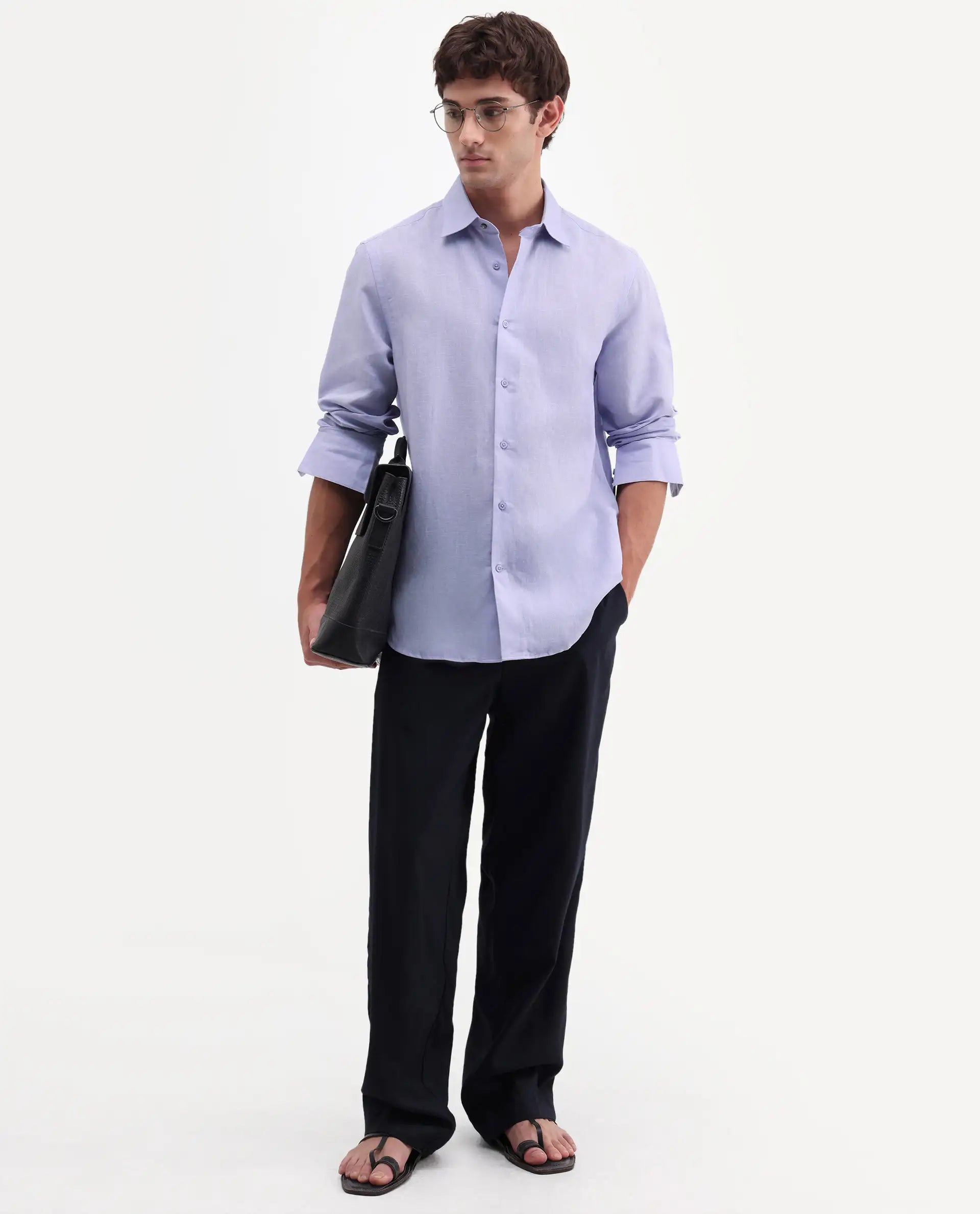 Rare Rabbit Men's Aeri-Fs Light Purple Linen Blend Fabric Full Sleeve Spread Collar Button Regular Plain Shirt