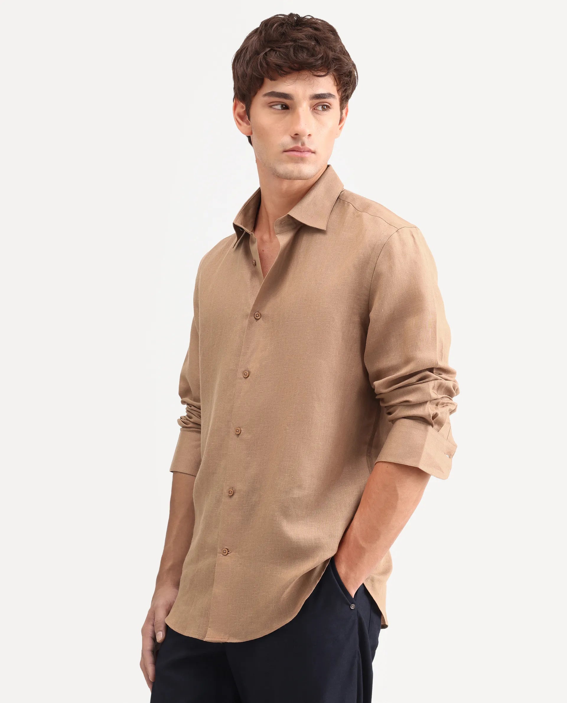 Rare Rabbit Men's Aeri-Fs Light Brown Linen Blend Fabric Full Sleeve Spread Collar Button Regular Plain Shirt