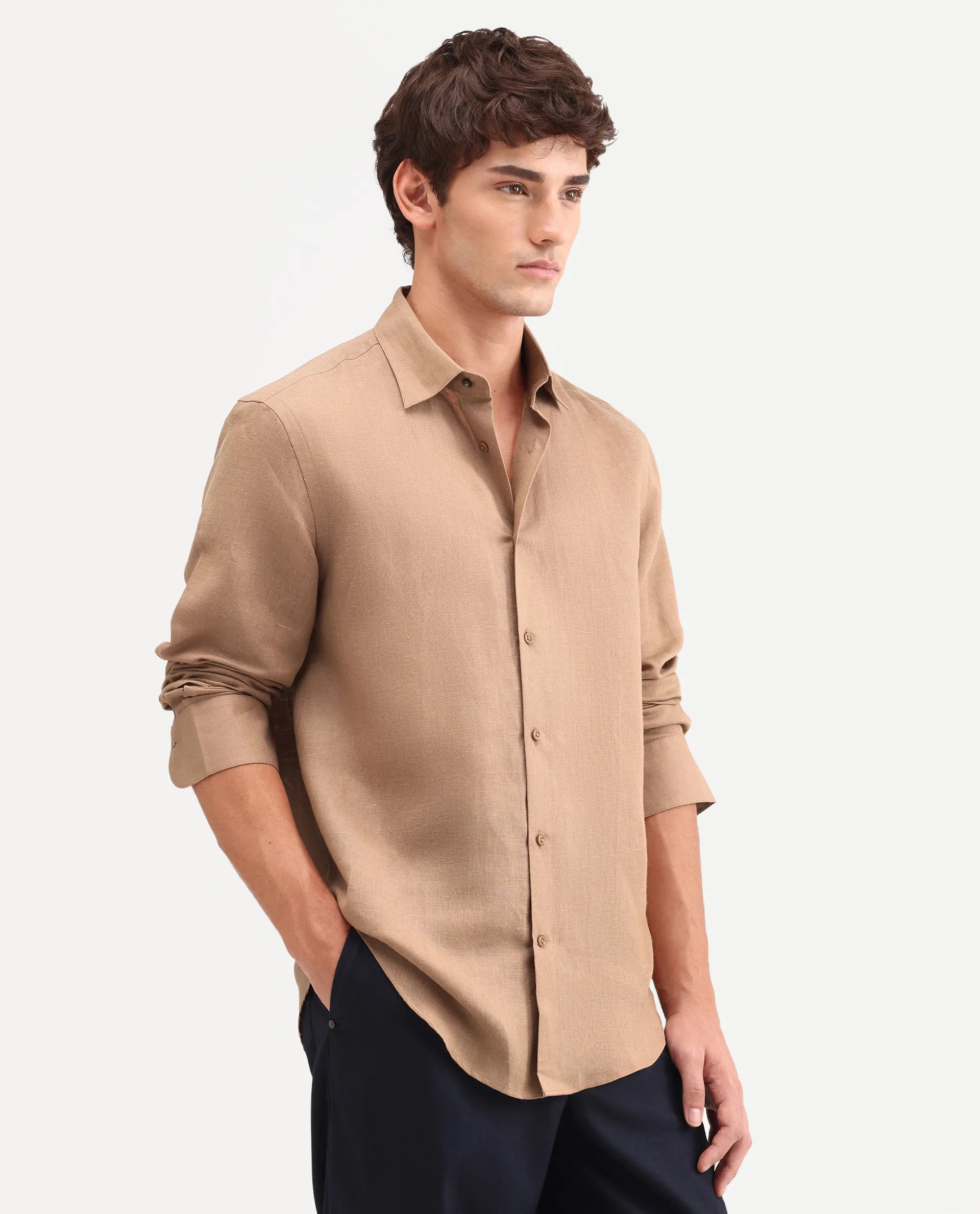 Rare Rabbit Men's Aeri-Fs Light Brown Linen Blend Fabric Full Sleeve Spread Collar Button Regular Plain Shirt