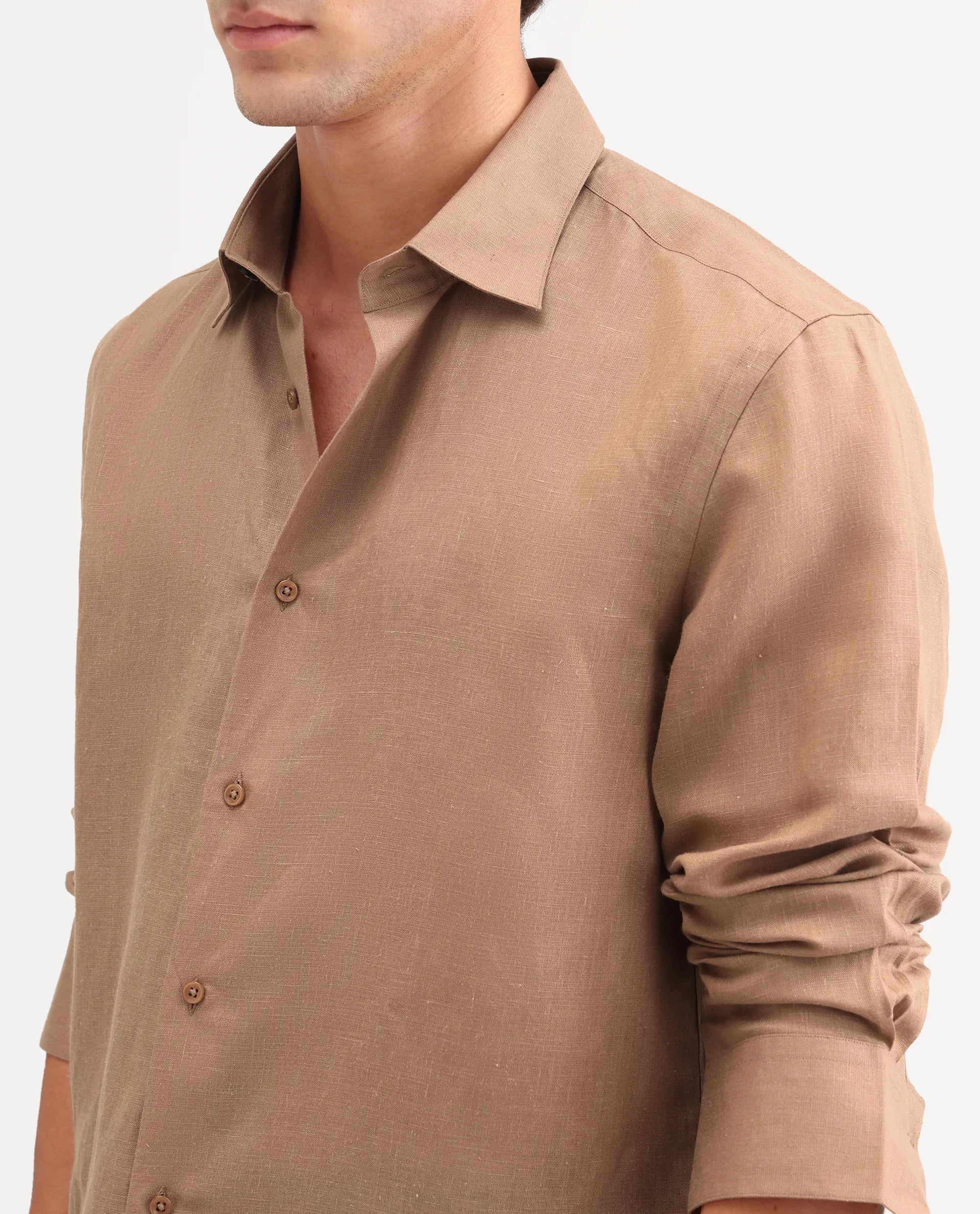 Rare Rabbit Men's Aeri-Fs Light Brown Linen Blend Fabric Full Sleeve Spread Collar Button Regular Plain Shirt