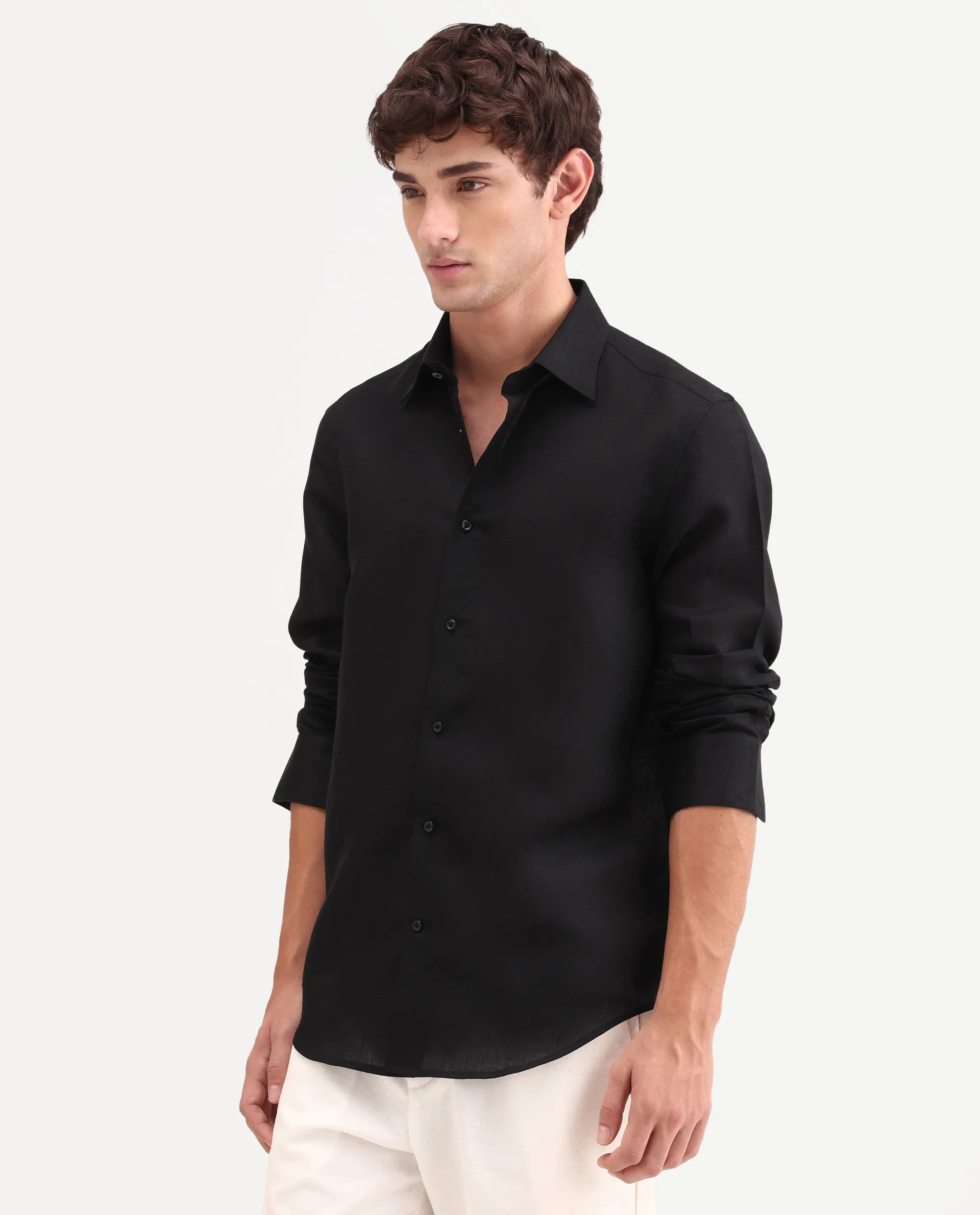 Rare Rabbit Men's Aeri-Fs Black Linen Blend Fabric Full Sleeve Spread Collar Button Regular Plain Shirt