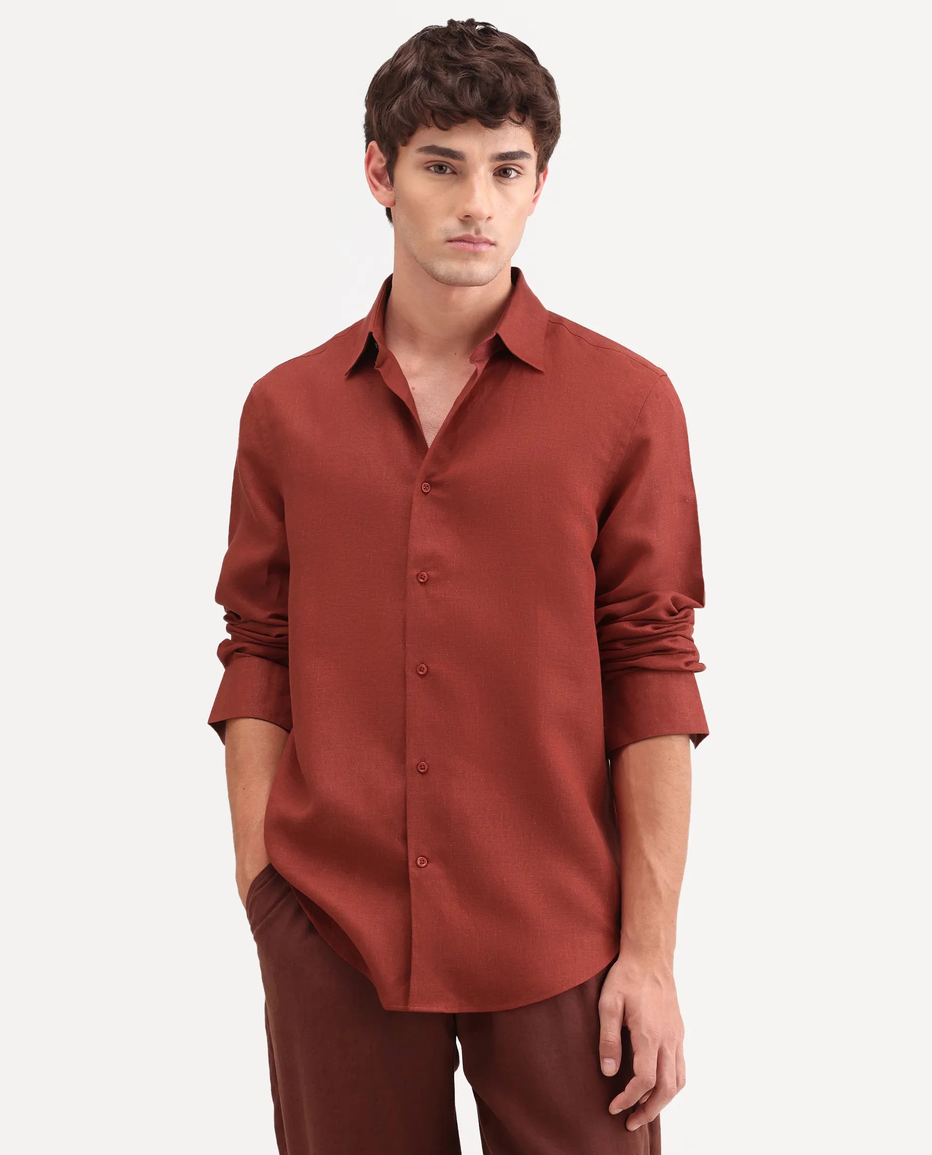 Rare Rabbit Men's Aeri-Fs Red Linen Blend Fabric Full Sleeve Spread Collar Button Regular Plain Shirt
