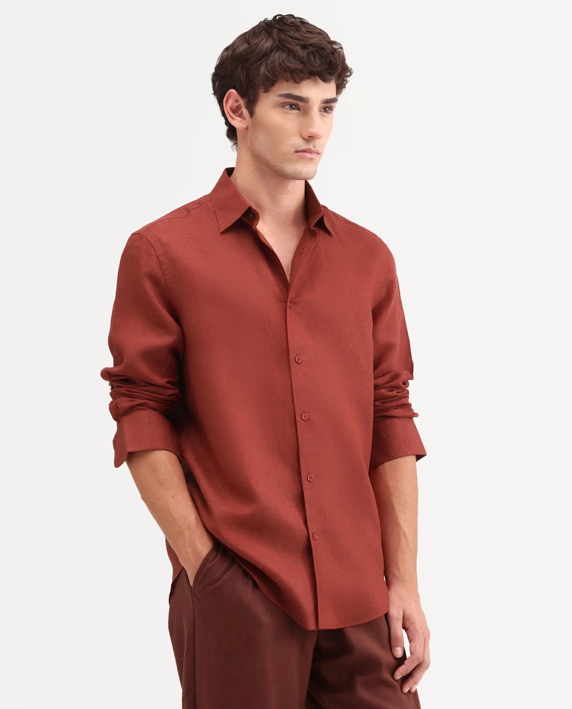Rare Rabbit Men's Aeri-Fs Red Linen Blend Fabric Full Sleeve Spread Collar Button Regular Plain Shirt