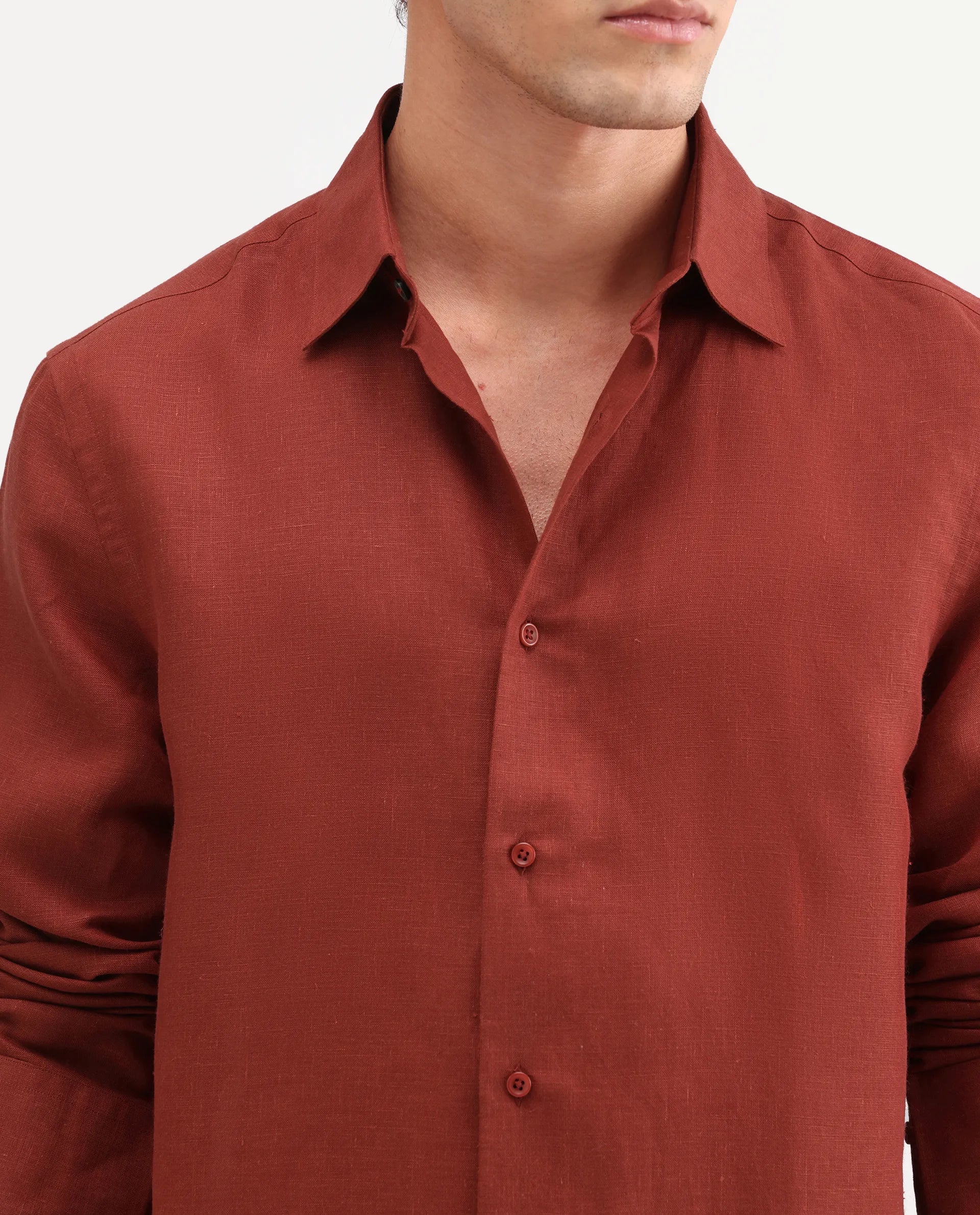 Rare Rabbit Men's Aeri-Fs Red Linen Blend Fabric Full Sleeve Spread Collar Button Regular Plain Shirt