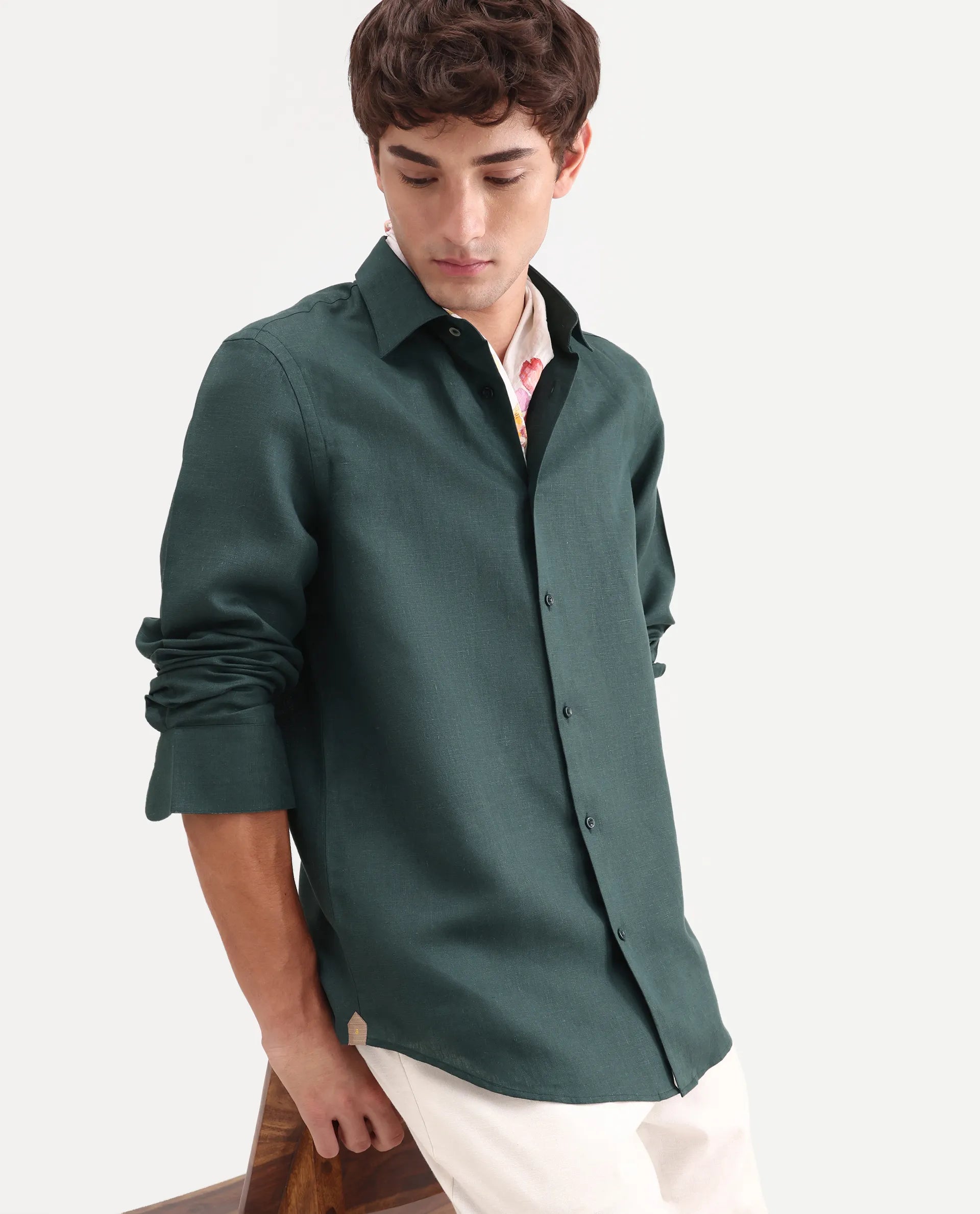 Rare Rabbit Men's Aeri-Fs Teal Linen Blend Fabric Full Sleeve Spread Collar Button Regular Plain Shirt