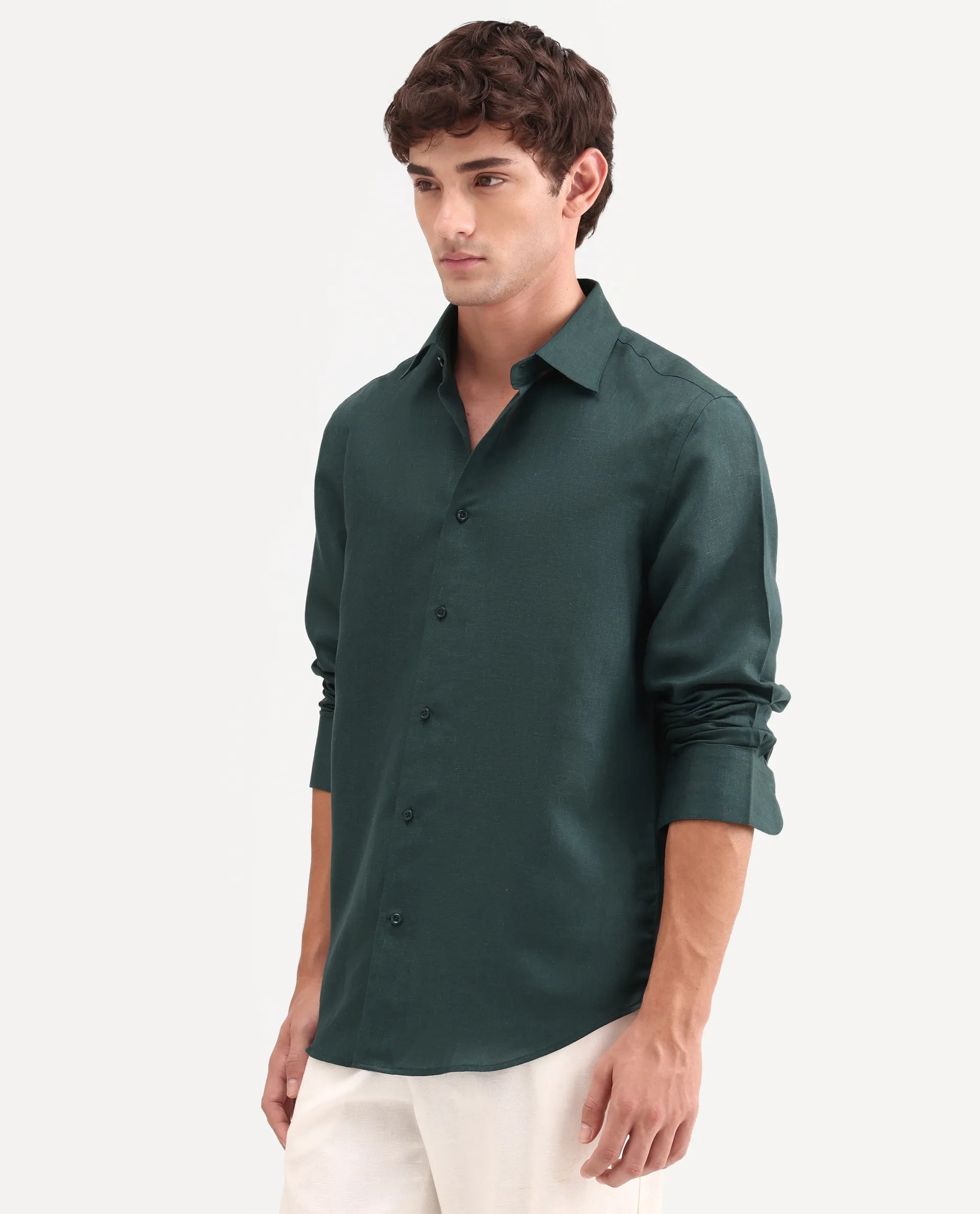 Rare Rabbit Men's Aeri-Fs Teal Linen Blend Fabric Full Sleeve Spread Collar Button Regular Plain Shirt