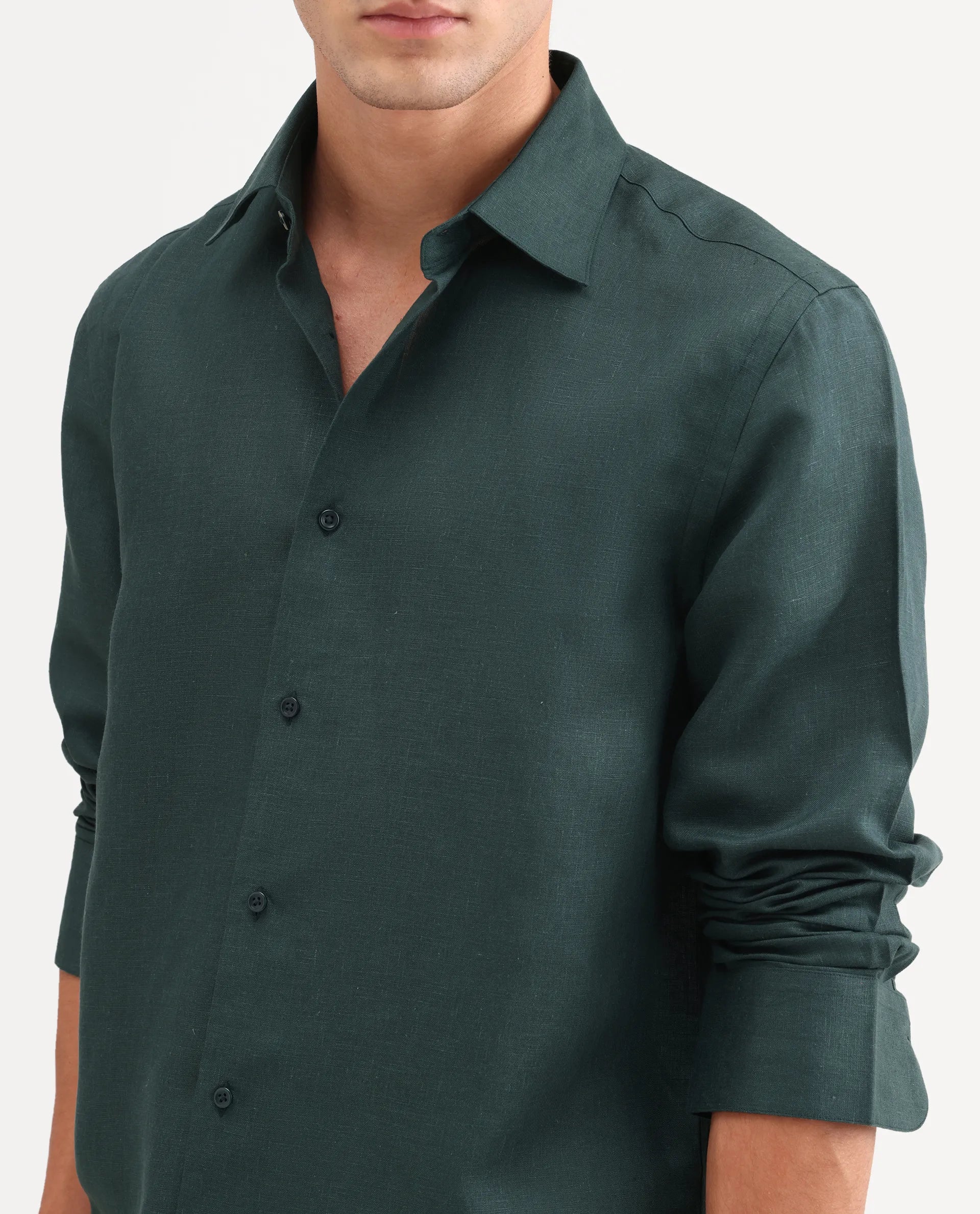 Rare Rabbit Men's Aeri-Fs Teal Linen Blend Fabric Full Sleeve Spread Collar Button Regular Plain Shirt