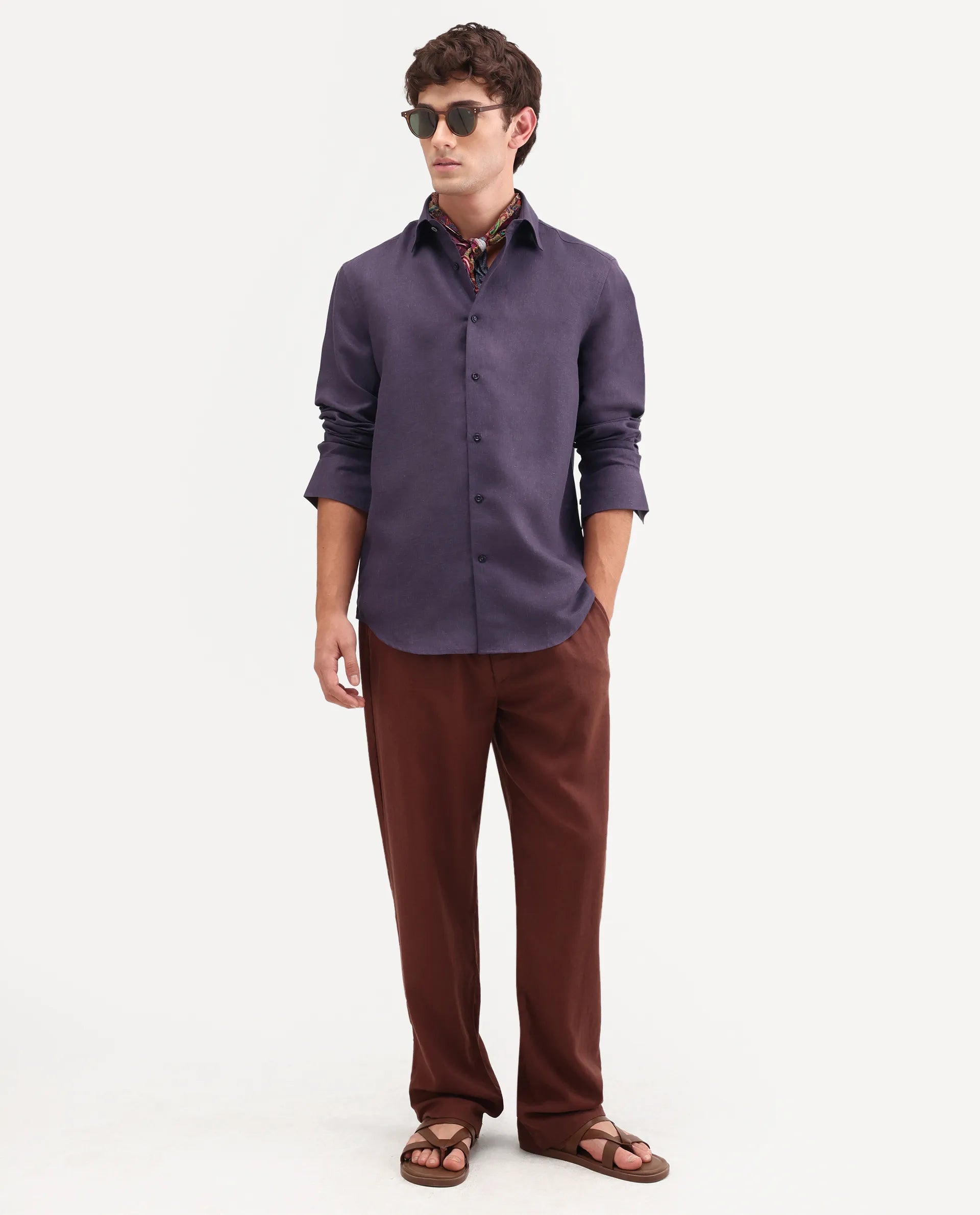 Rare Rabbit Men's Aeri-Fs Dark Purple Linen Blend Fabric Full Sleeve Spread Collar Button Regular Plain Shirt