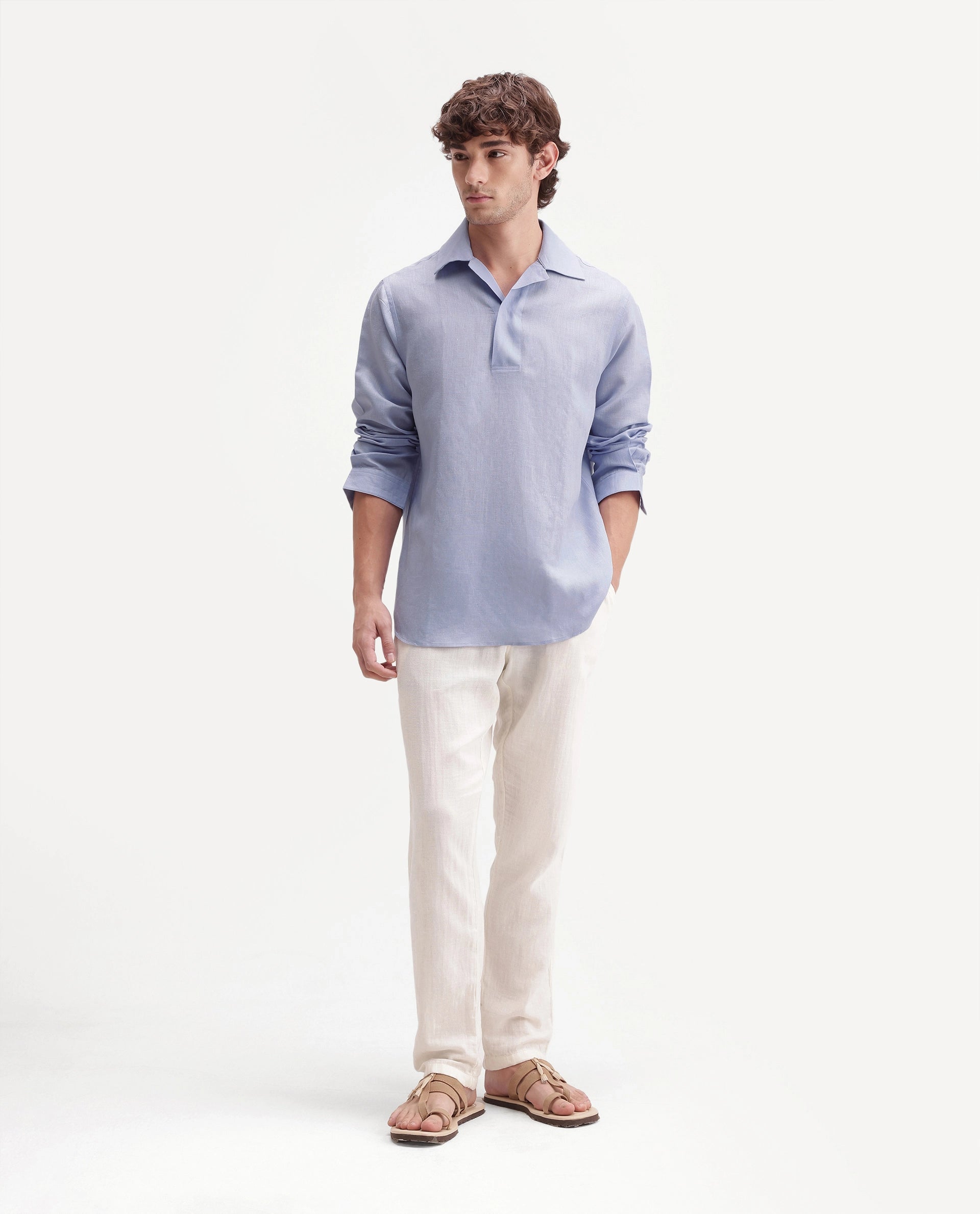 Rare Rabbit Men's Aerik Light Purple Linen Blend Fabric Full Sleeve Cuban Collar Button Regular Plain Shirt