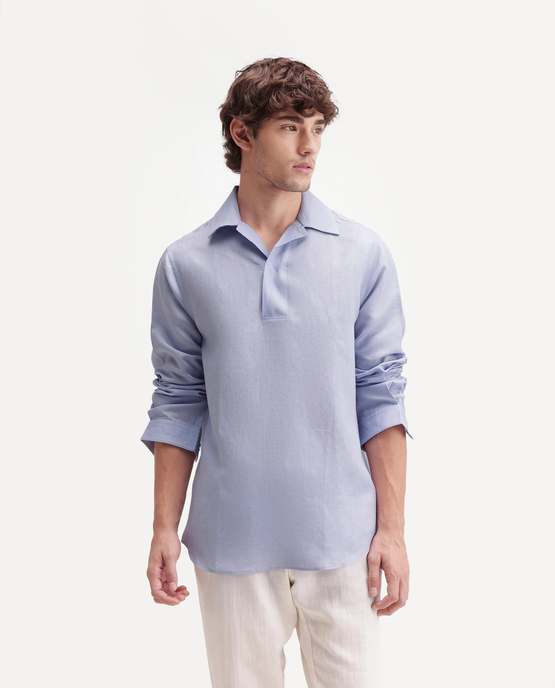 Rare Rabbit Men's Aerik Light Purple Linen Blend Fabric Full Sleeve Cuban Collar Button Regular Plain Shirt