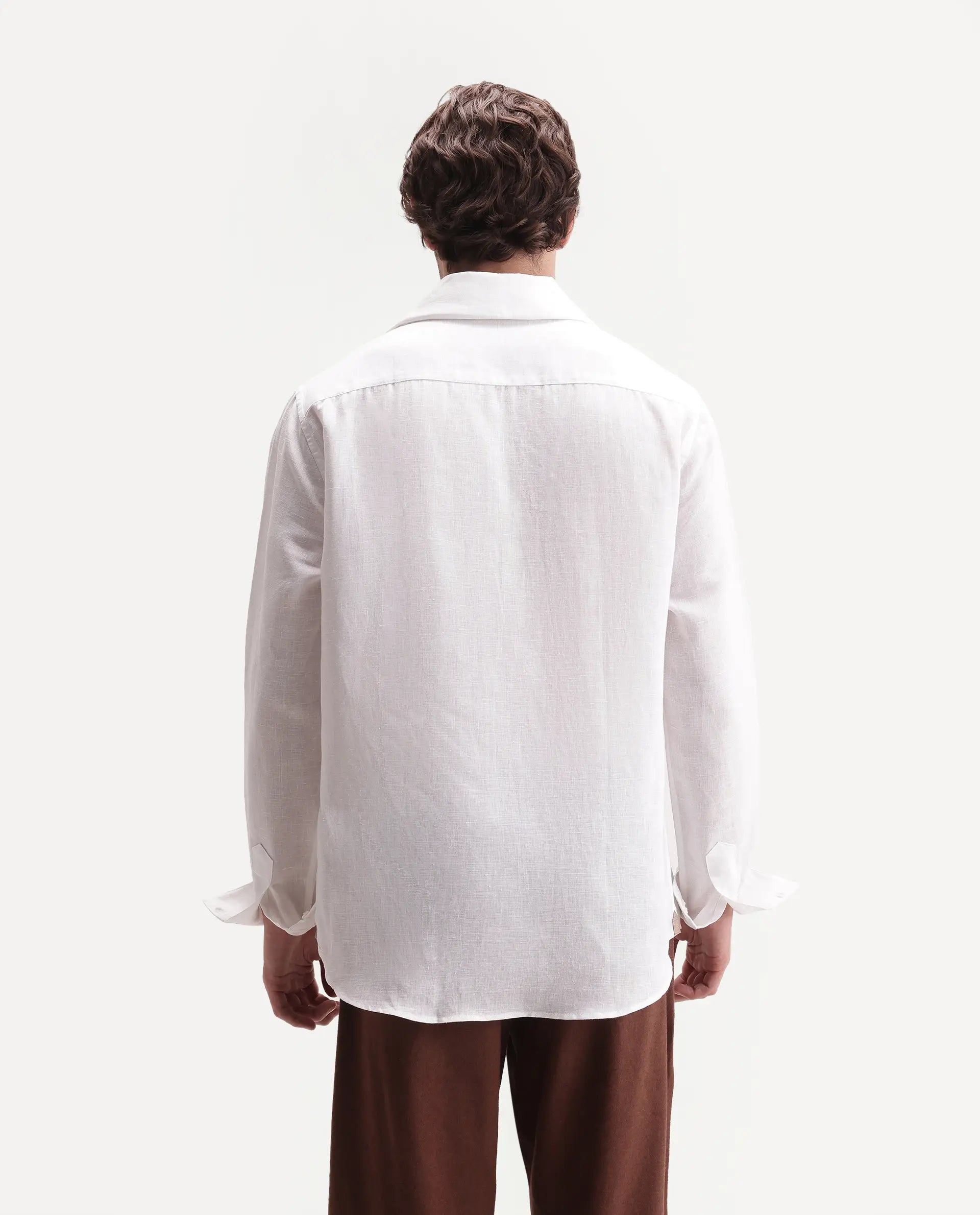 Rare Rabbit Men's Aerik White Linen Blend Fabric Full Sleeve Cuban Collar Button Regular Plain Shirt