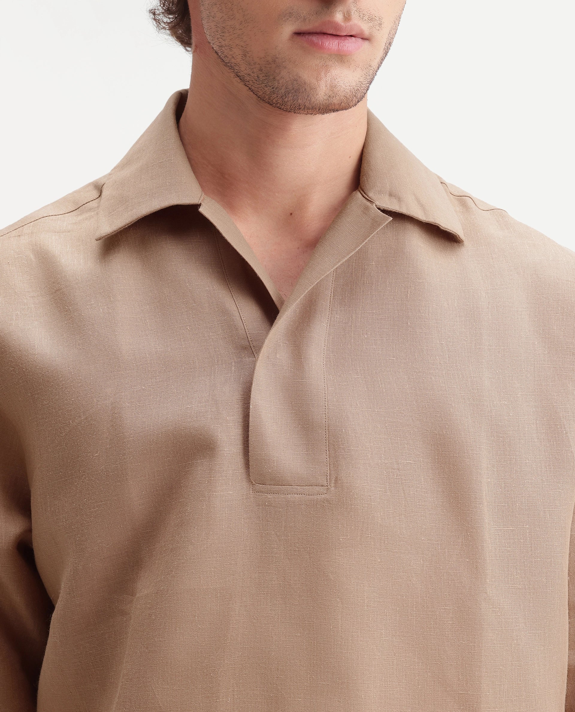 Rare Rabbit Men's Aerik Light Brown Linen Blend Fabric Full Sleeve Cuban Collar Button Regular Plain Shirt