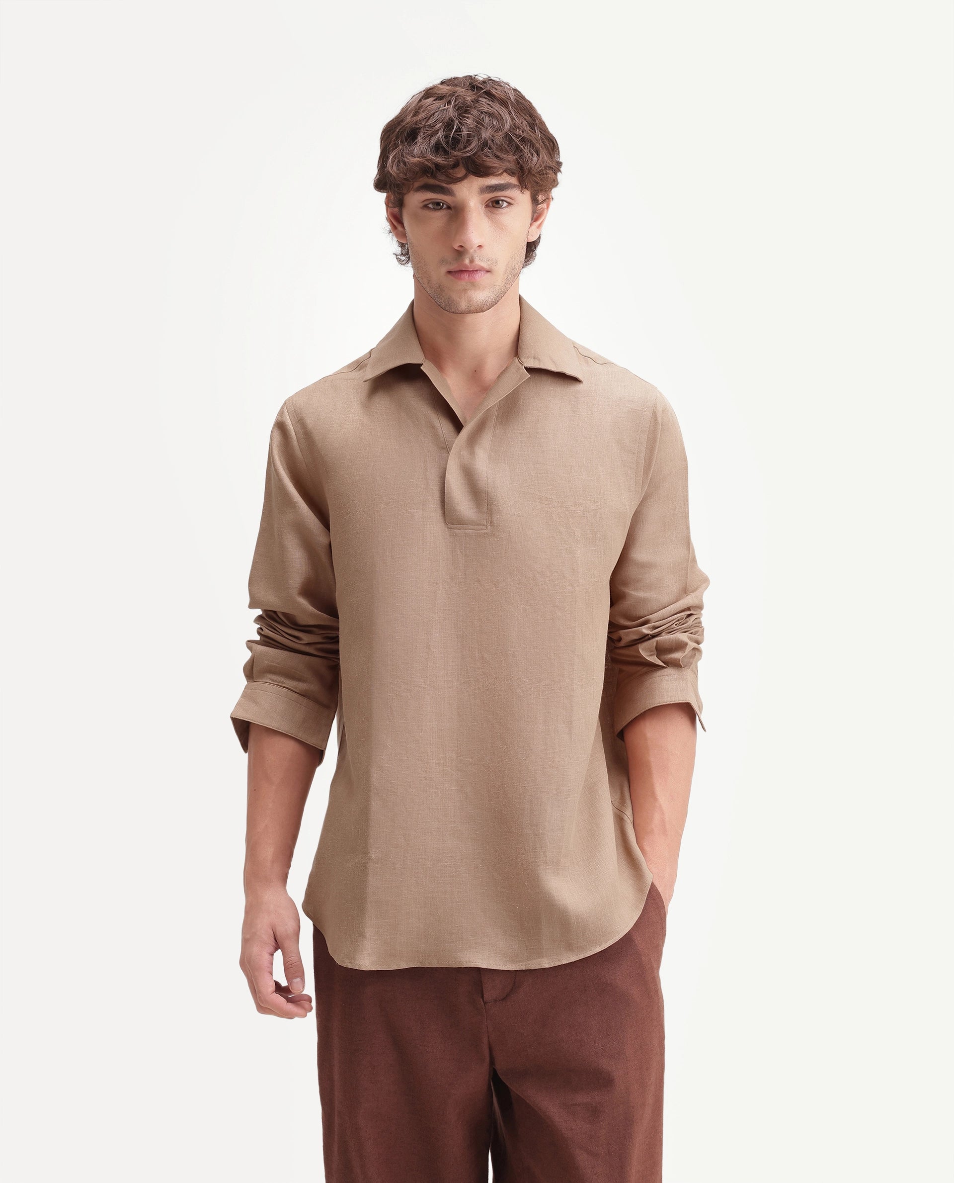 Rare Rabbit Men's Aerik Light Brown Linen Blend Fabric Full Sleeve Cuban Collar Button Regular Plain Shirt