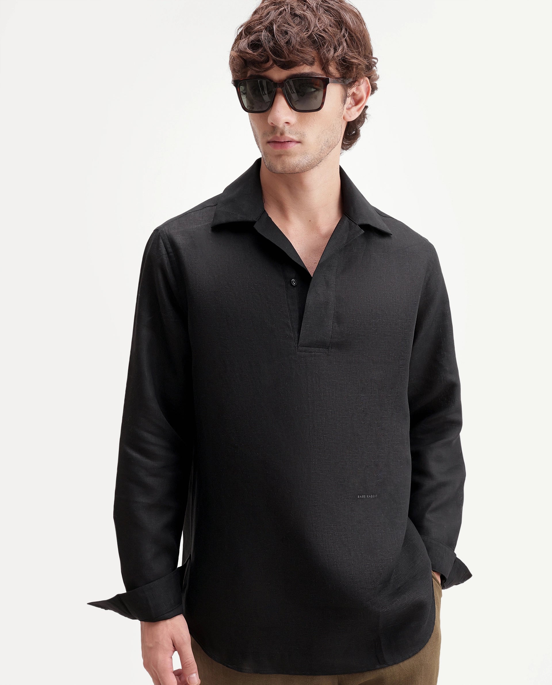 Rare Rabbit Men's Aerik Black Linen Blend Fabric Full Sleeve Cuban Collar Button Regular Plain Shirt