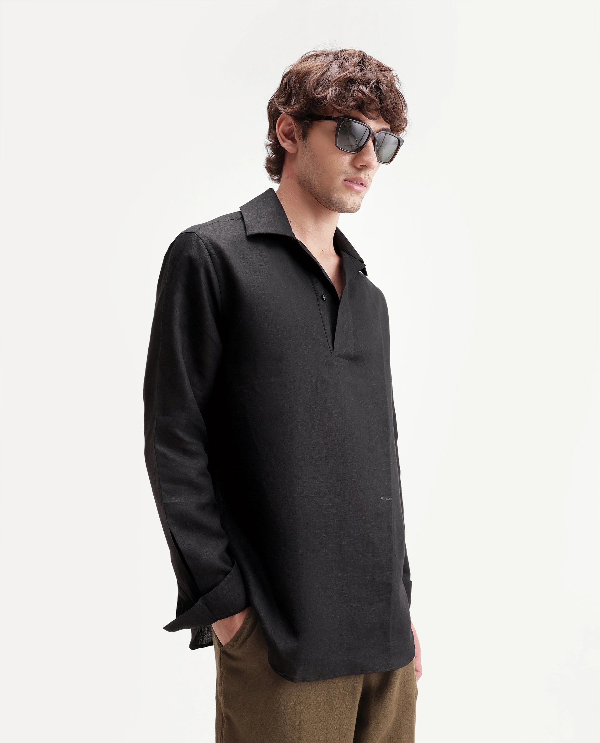 Rare Rabbit Men's Aerik Black Linen Blend Fabric Full Sleeve Cuban Collar Button Regular Plain Shirt