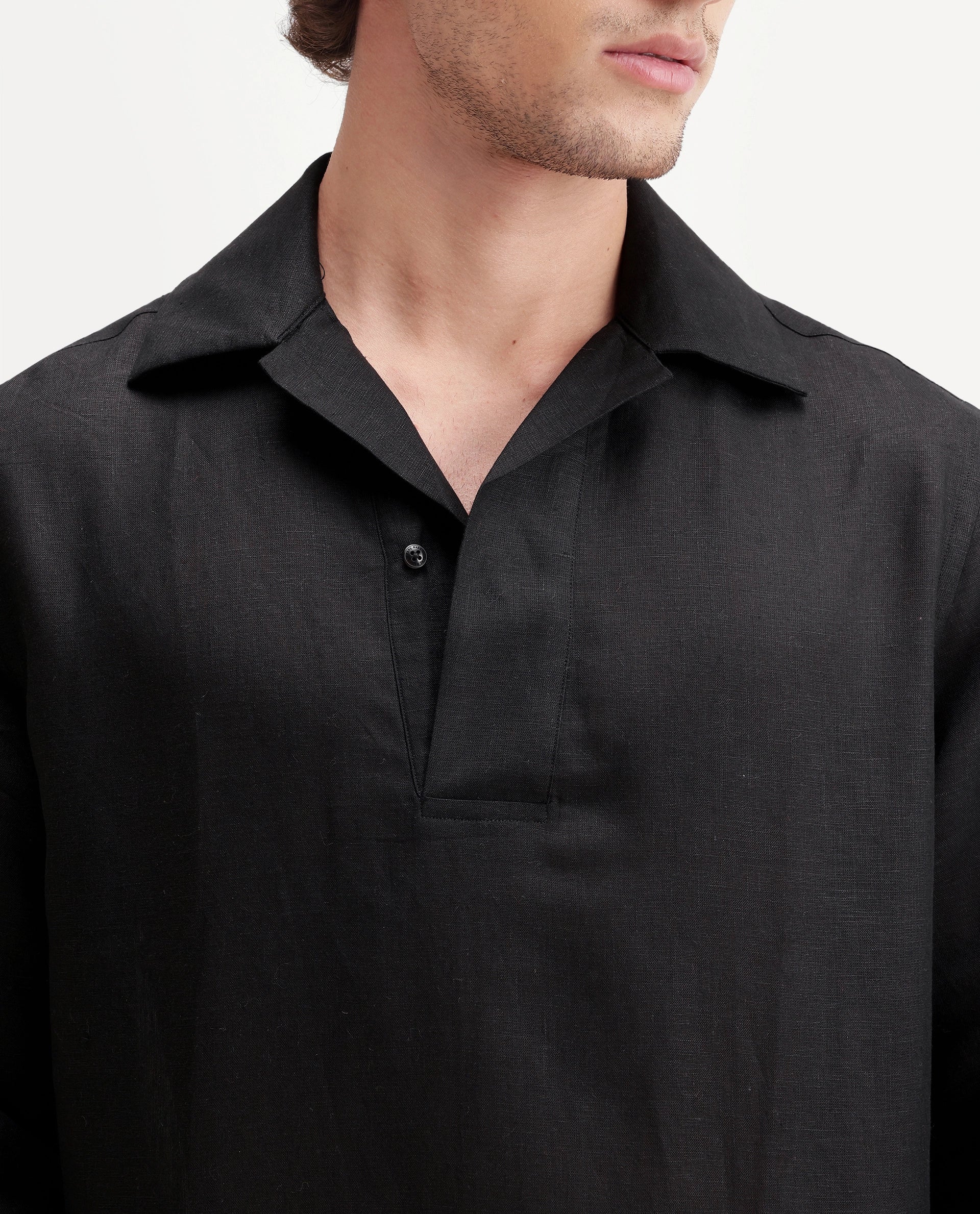 Rare Rabbit Men's Aerik Black Linen Blend Fabric Full Sleeve Cuban Collar Button Regular Plain Shirt