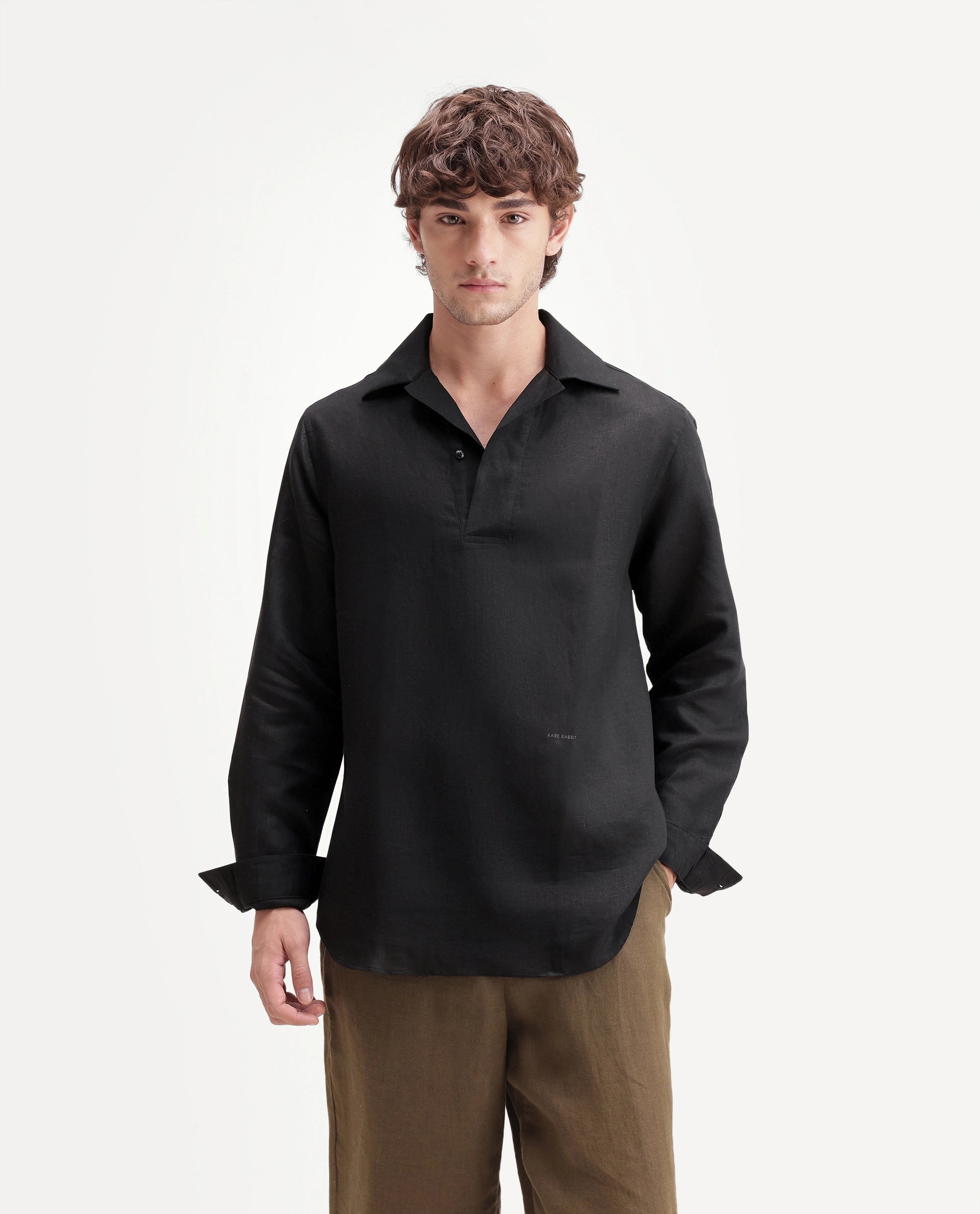 Rare Rabbit Men's Aerik Black Linen Blend Fabric Full Sleeve Cuban Collar Button Regular Plain Shirt