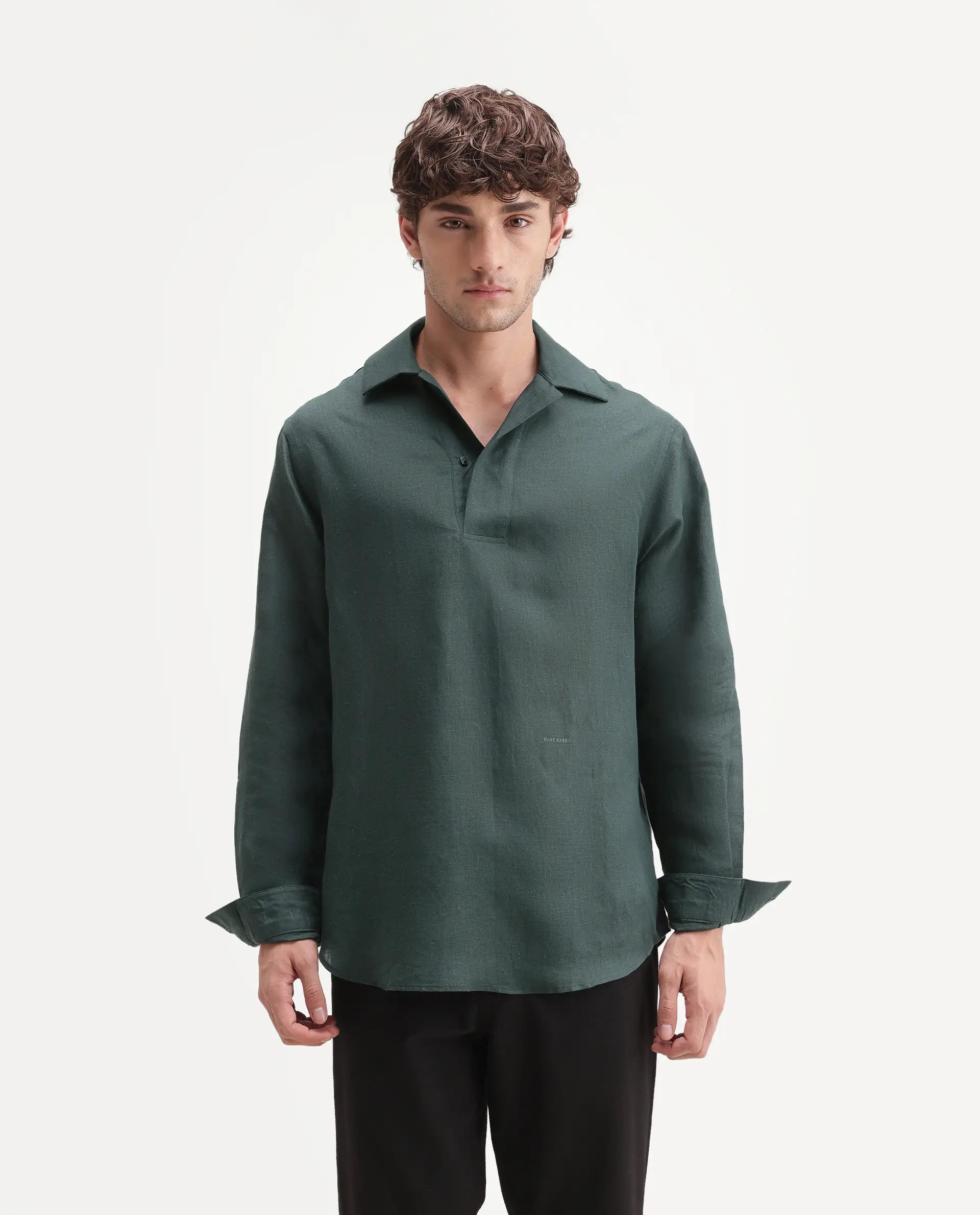 Rare Rabbit Men's Aerik Teal Linen Blend Fabric Full Sleeve Spread Collar Button Regular Plain Shirt